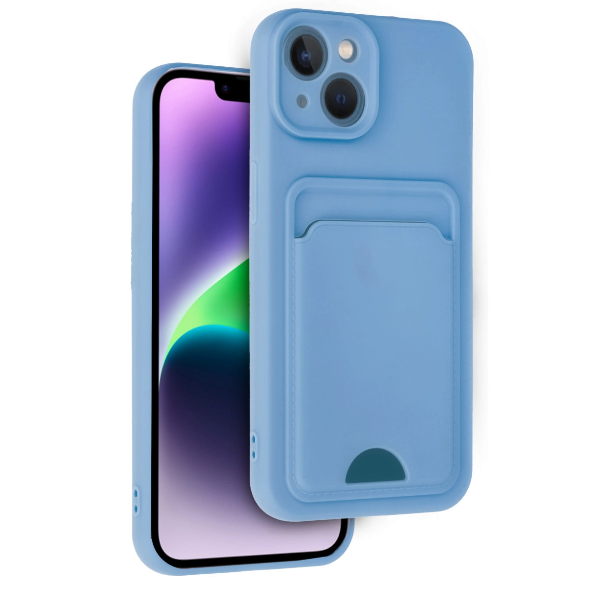 Akıllı telefon üzerinde kart bölmeli açık mavi telefon kılıfı.