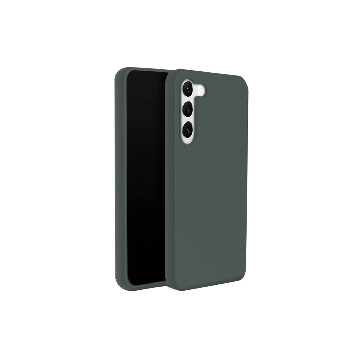 Arkada üç kamera lensli koyu gri telefon, beyaz arka plan üzerinde.