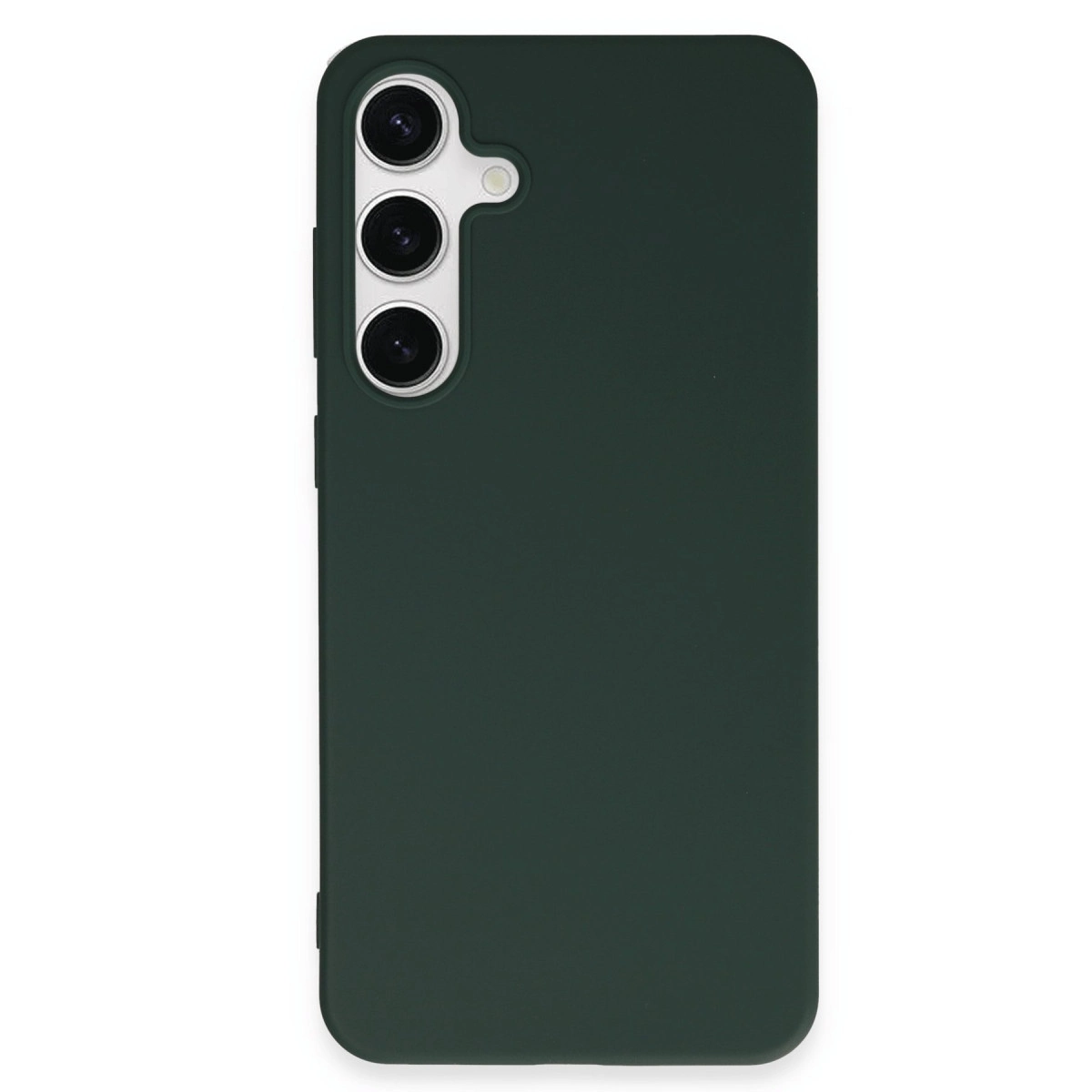 Üç kamera lensli ve flaşlı koyu yeşil telefon kılıfı.