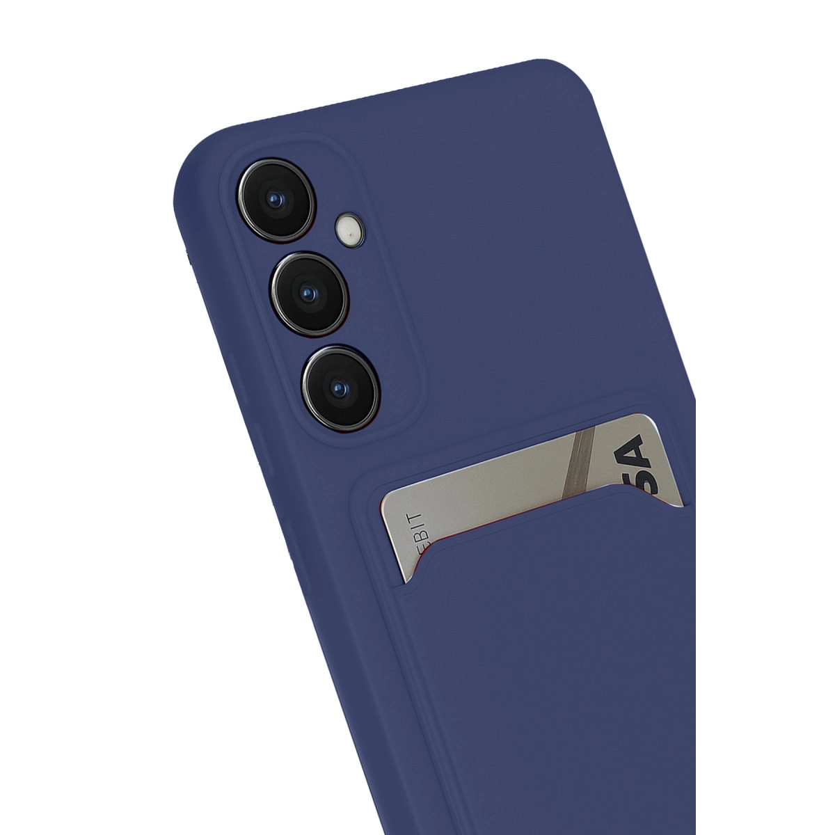 Üç kameralı ve yuvasında kredi kartı olan lacivert telefon.