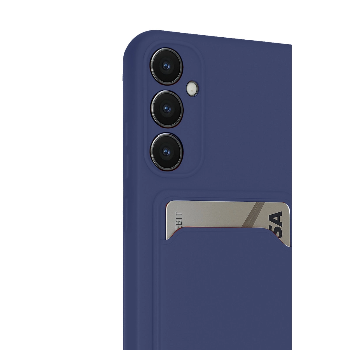 Üç kameralı ve kart yuvalı lacivert telefon kılıfı.