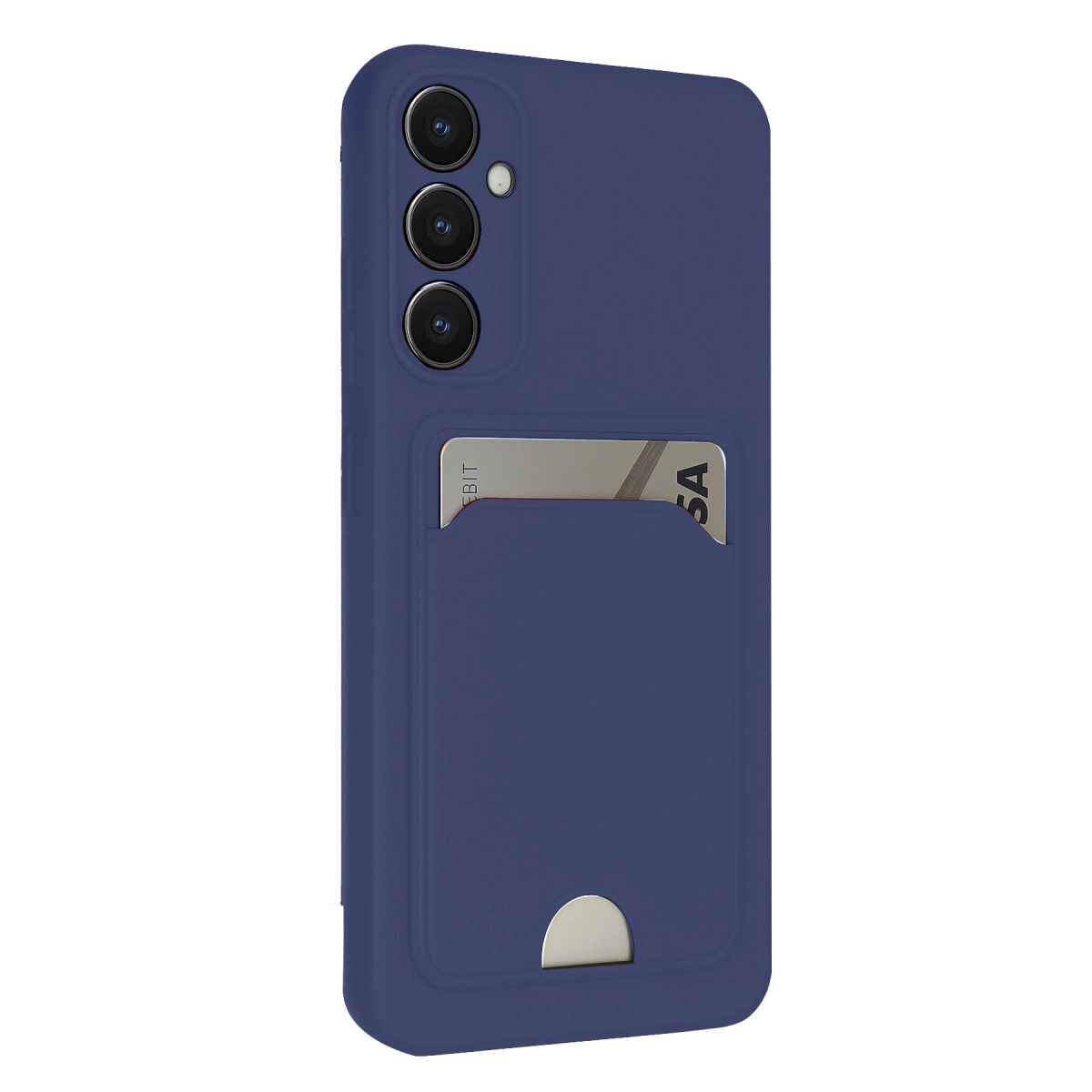 Üç kamera lensli lacivert telefon kılıfı ve kredi kartlı kart yuvası.