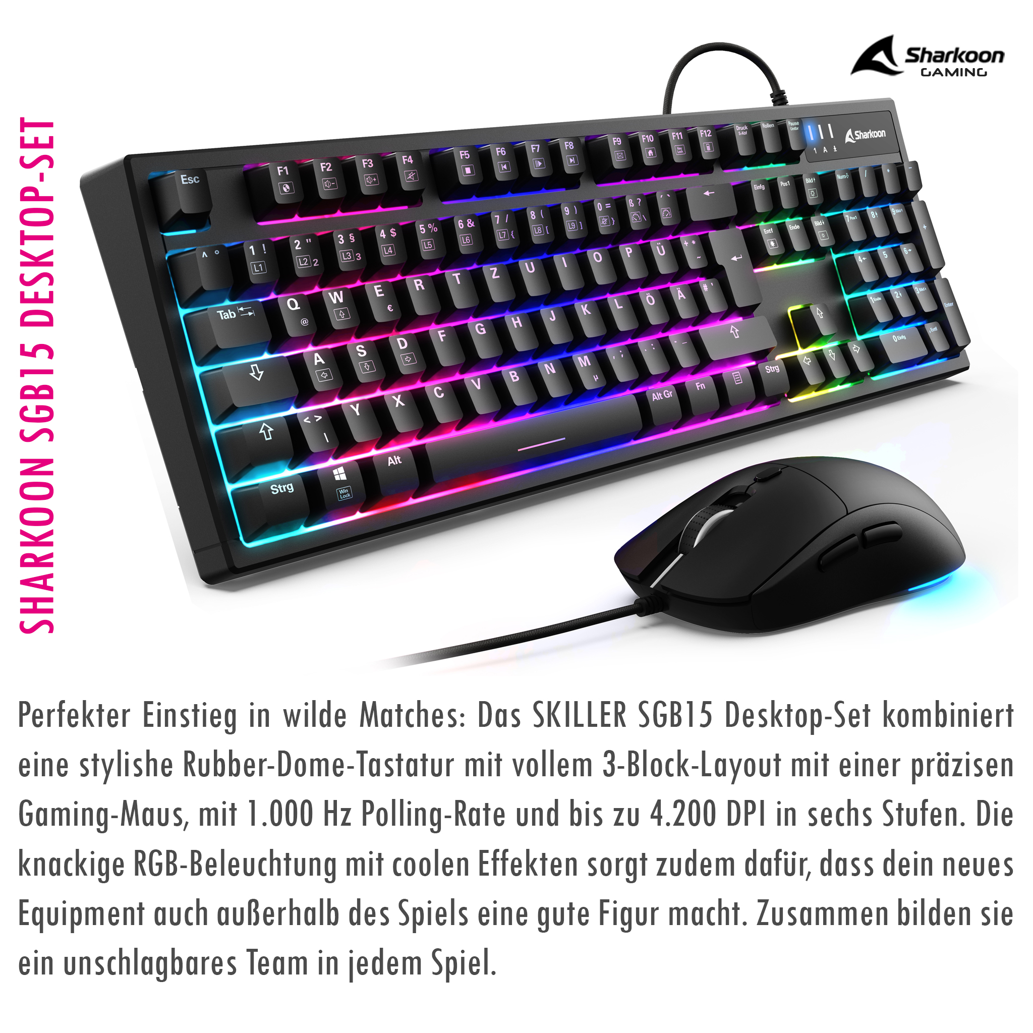 Schwarze Tastatur mit RGB-Beleuchtung und Maus, Sharkoon Gaming Logo.