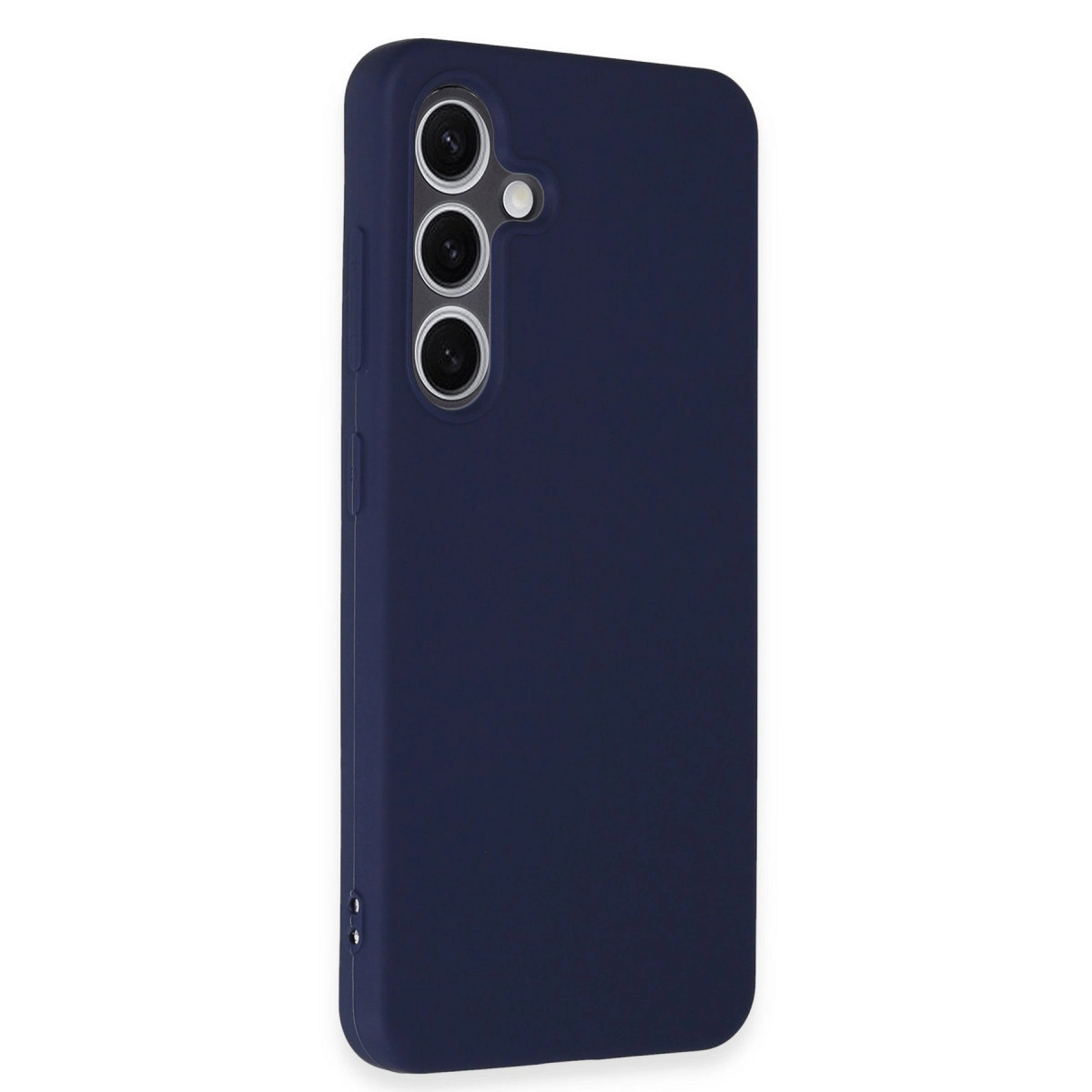 Üç kamera lensi ve flaşlı lacivert telefon kılıfı.