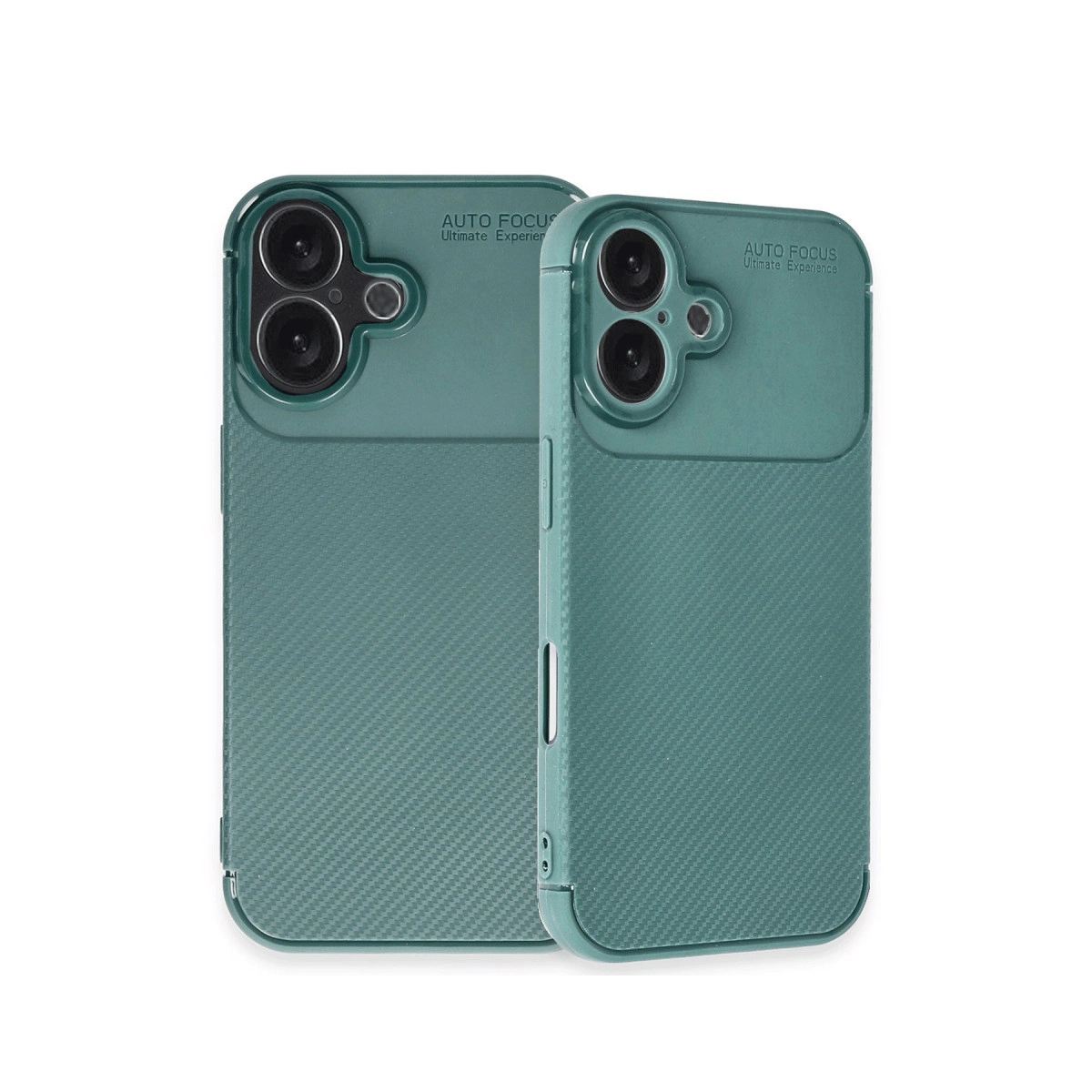 Karbon desenli ve kamera yuvalı iki turkuaz telefon kılıfı.