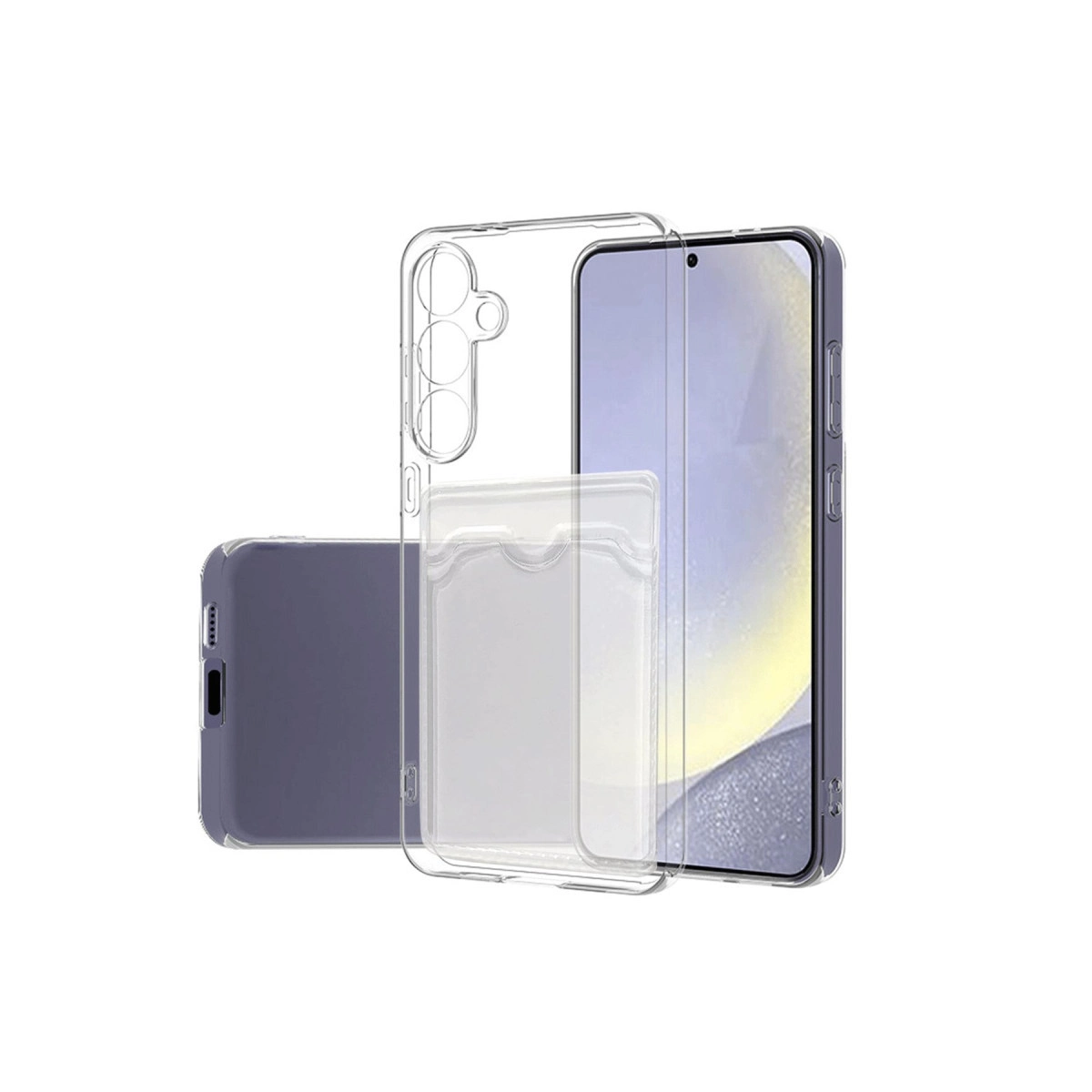 Kart tutuculu şeffaf telefon kılıfı ve mor bir telefon.