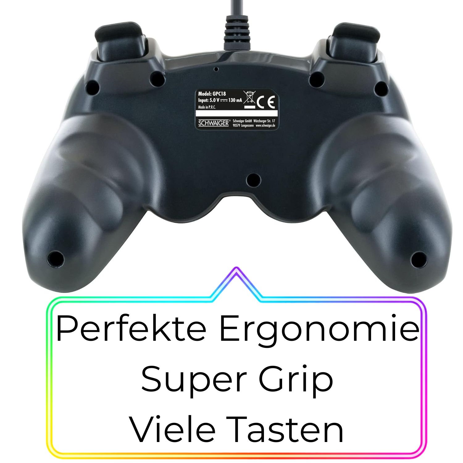 Schwarzer Gamecontroller mit Beschriftung: Perfekte Ergonomie, Super Grip, Viele Tasten.