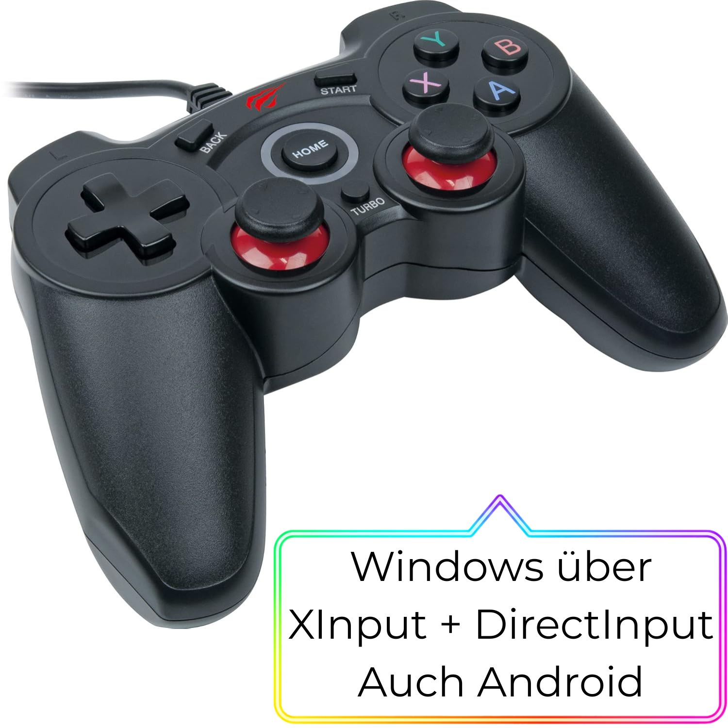 Schwarzer Gaming-Controller mit Kabel, D-Pad, Analogsticks und Knöpfen.