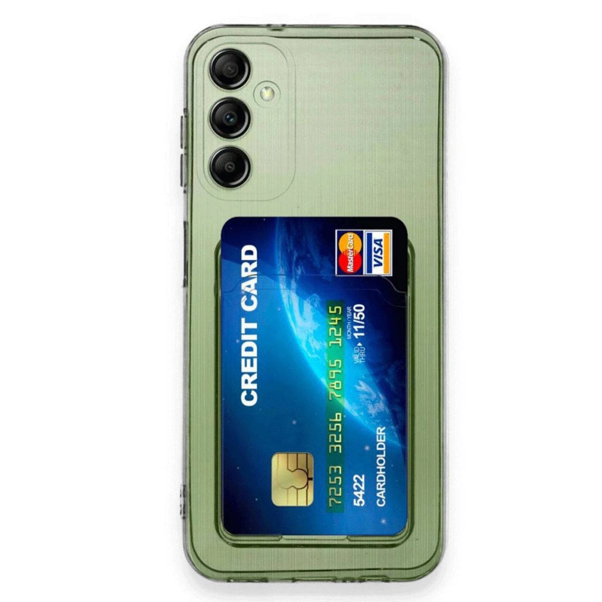 Kart yuvalı ve kredi kartlı yeşil telefon kılıfı. Arkada üç kamera.