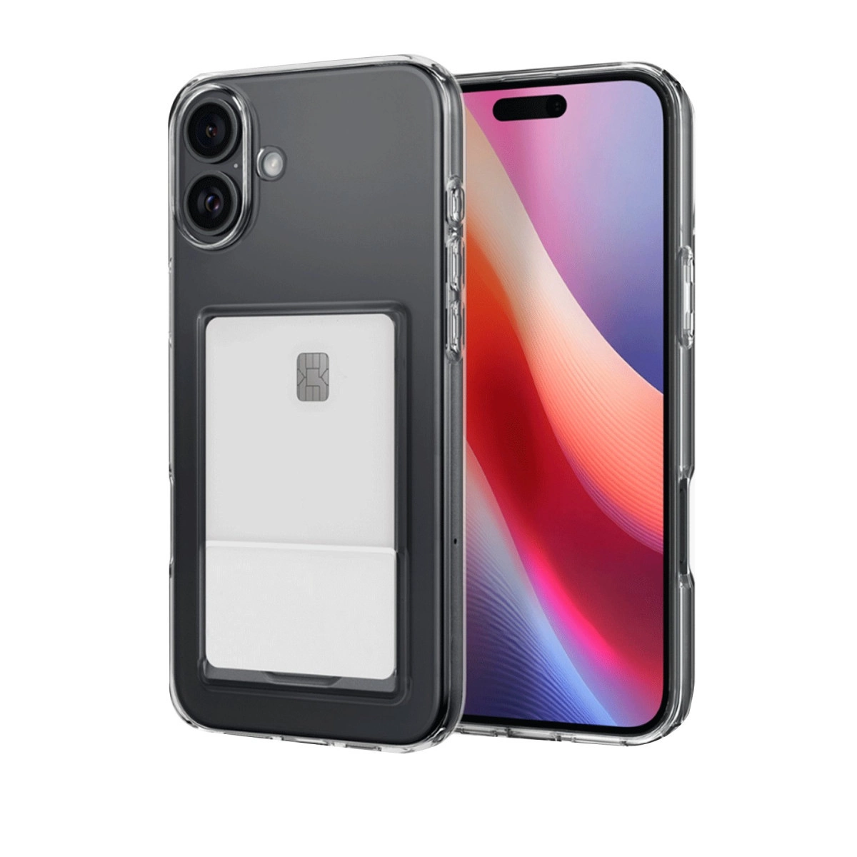 Arkada kart yuvası bulunan şeffaf telefon kılıfı.