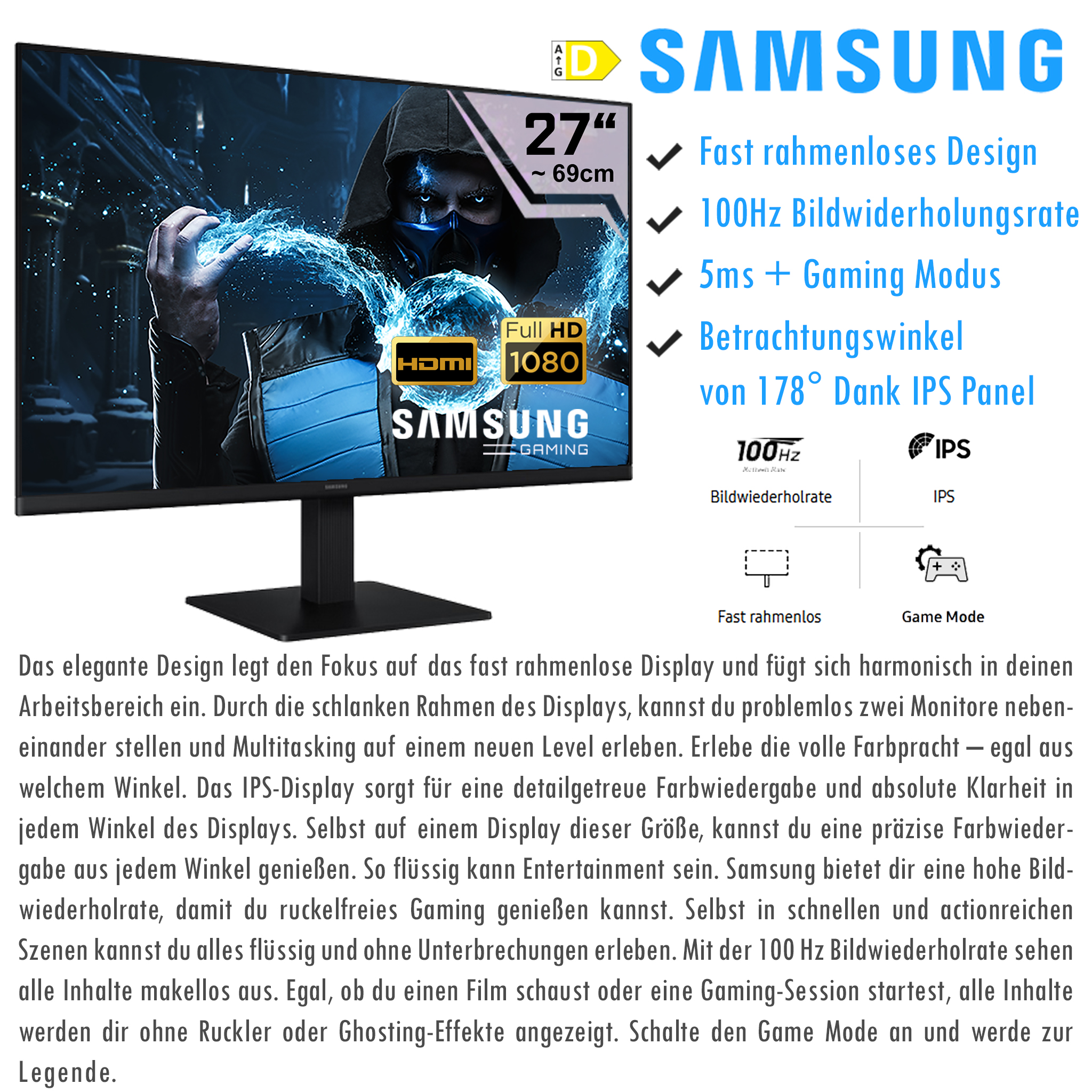 Samsung 27" Gaming Monitor mit schmalem Rahmen, 100Hz, 5ms, IPS.