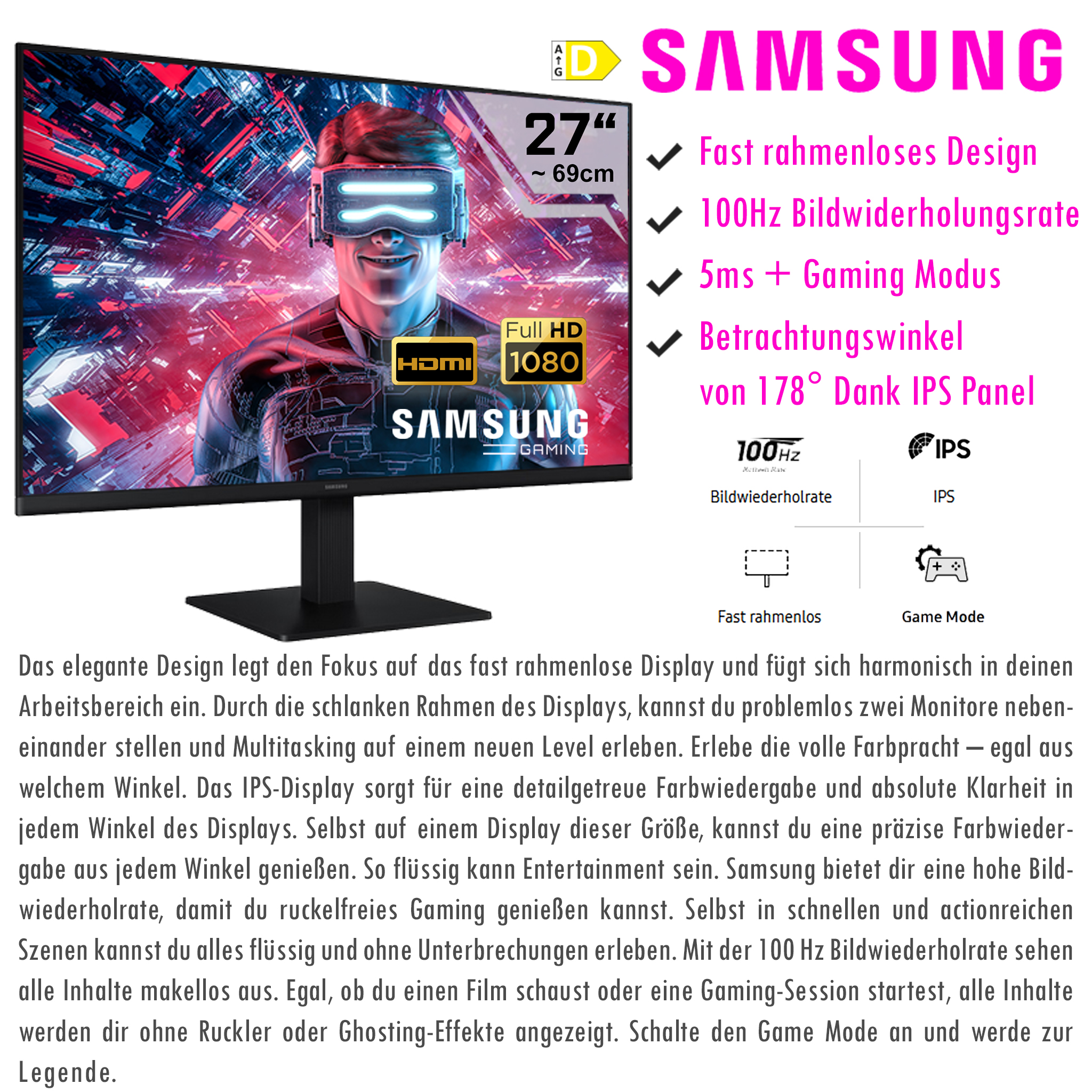 Samsung 27 Zoll Monitor mit 100Hz, 5ms, IPS Panel und rahmenlosem Design.