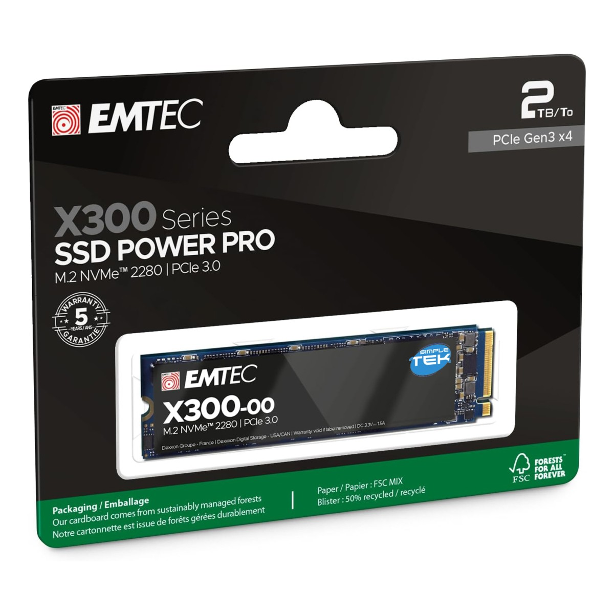 Opakowanie dysku SSD Emtec X300 2TB, M.2 NVMe 2280, PCIe Gen3 x4.