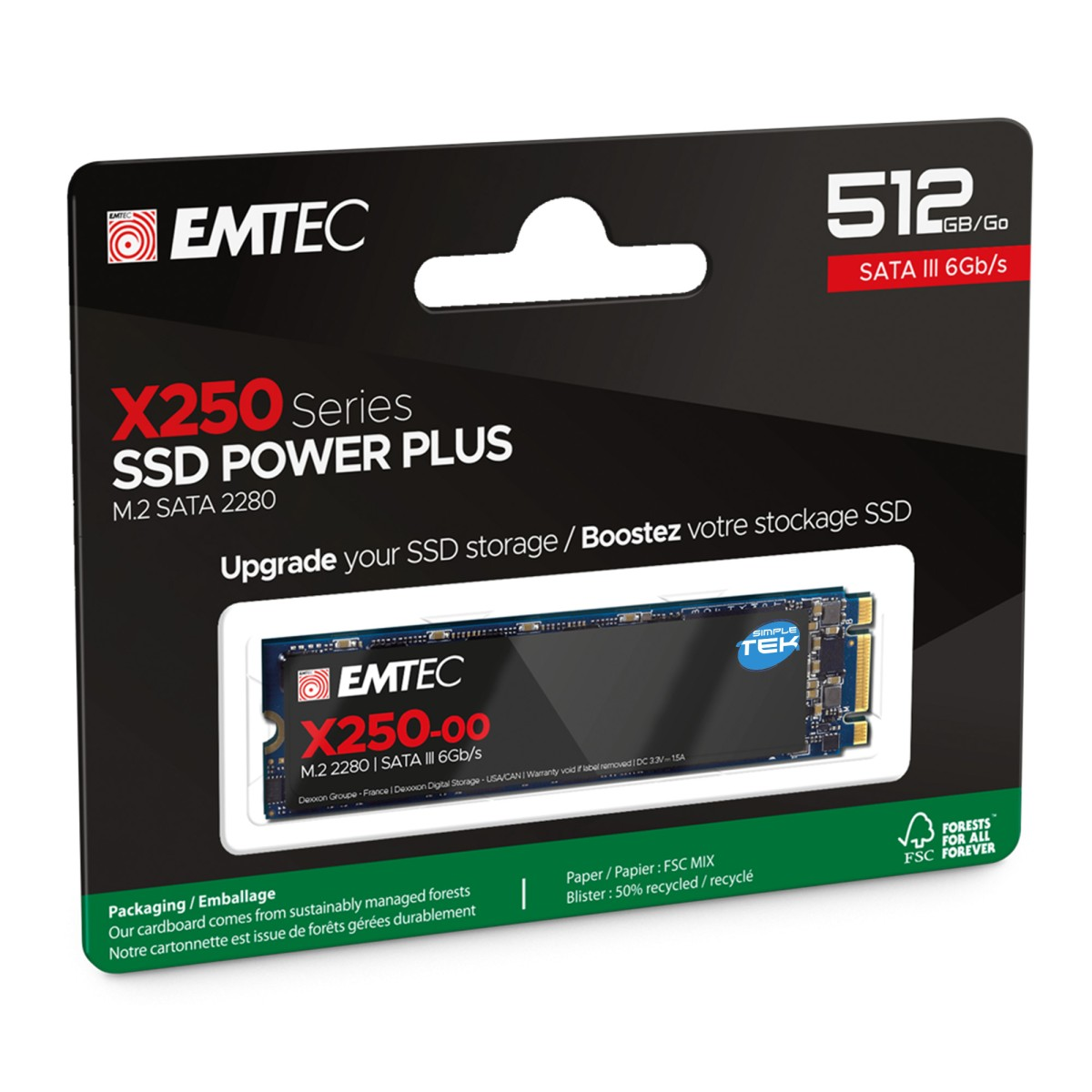 Verpackung einer 512GB EMTEC X250 SSD mit M.2 SATA 2280-Formfaktor.