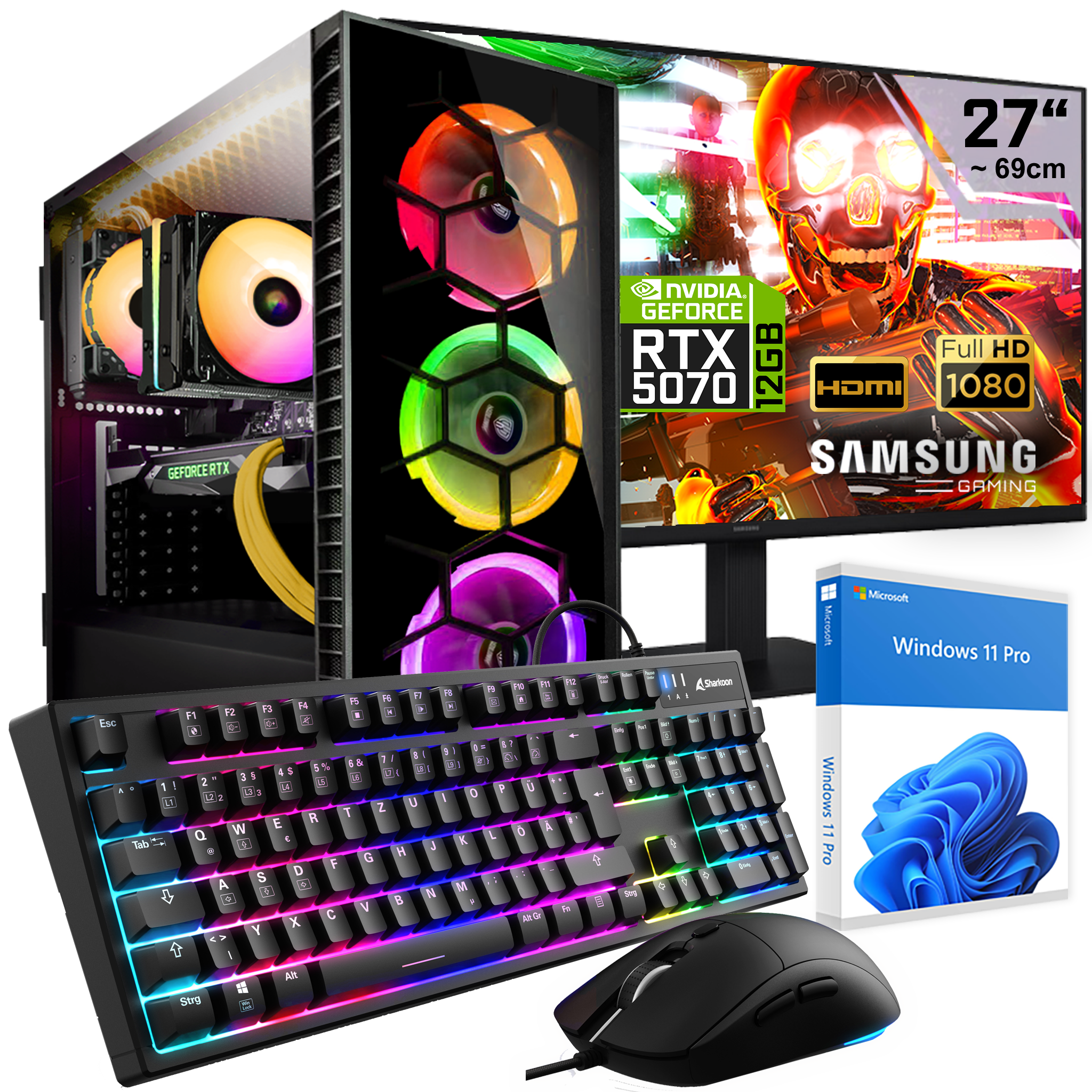 Ein Gaming-PC, Monitor, Tastatur und Maus mit RGB-Beleuchtung.