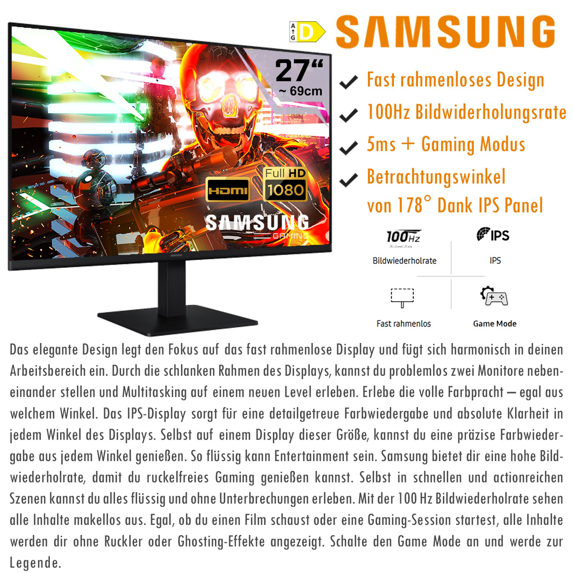 Samsung 27-Zoll Full HD Gaming Monitor mit schnellem Design und 100Hz.