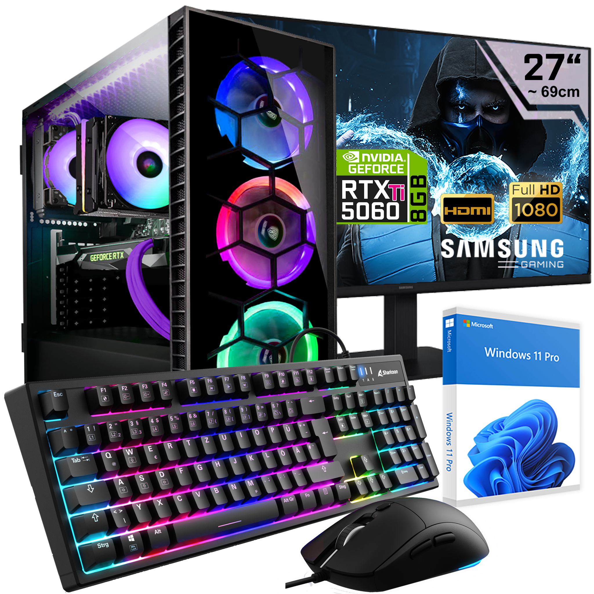 Gaming-PC, Tastatur, Maus und Windows 11 Pro.