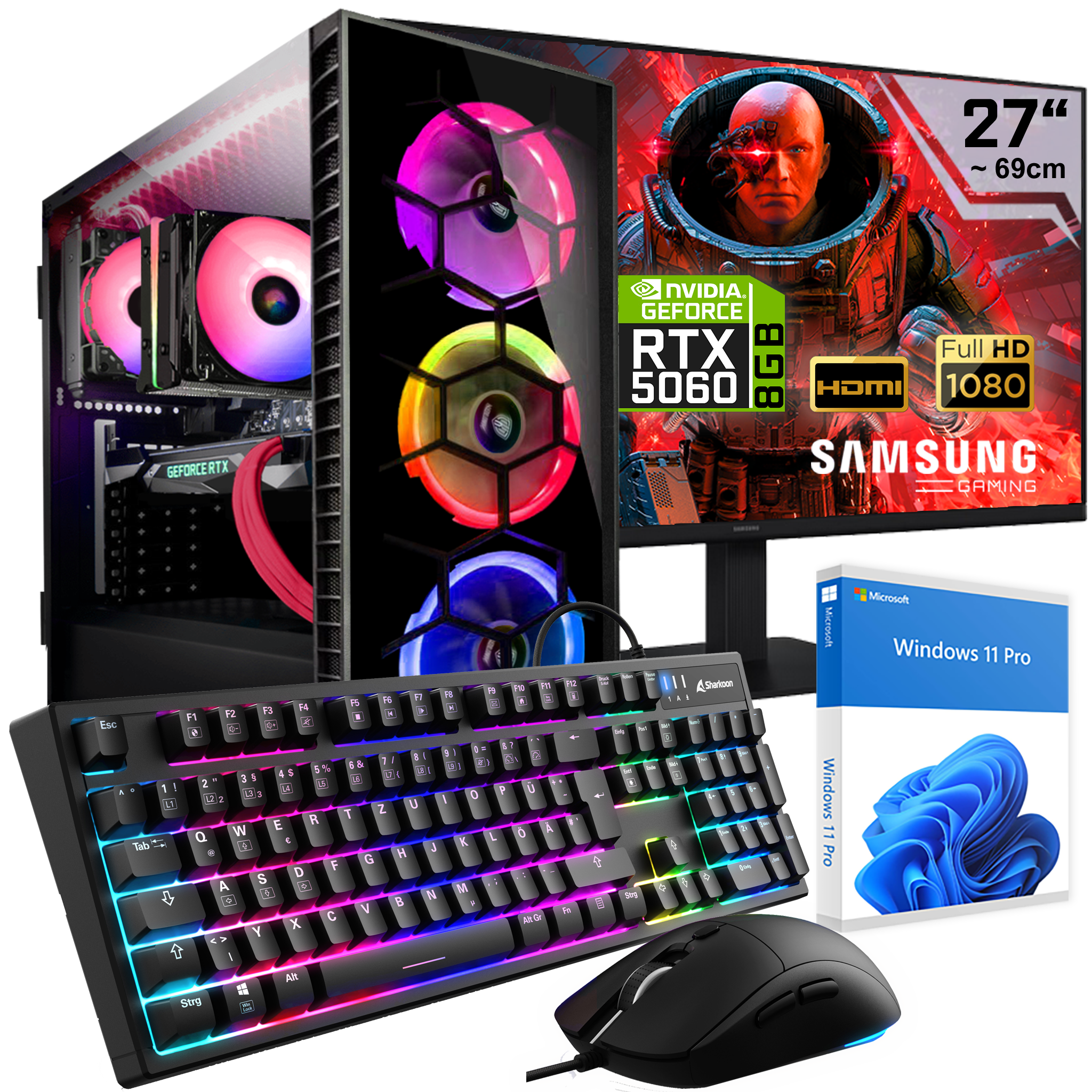 Gaming-PC mit RGB-Lüftern, RTX 5060, Samsung 27" FHD Monitor, Tastatur, Maus und Windows 11.