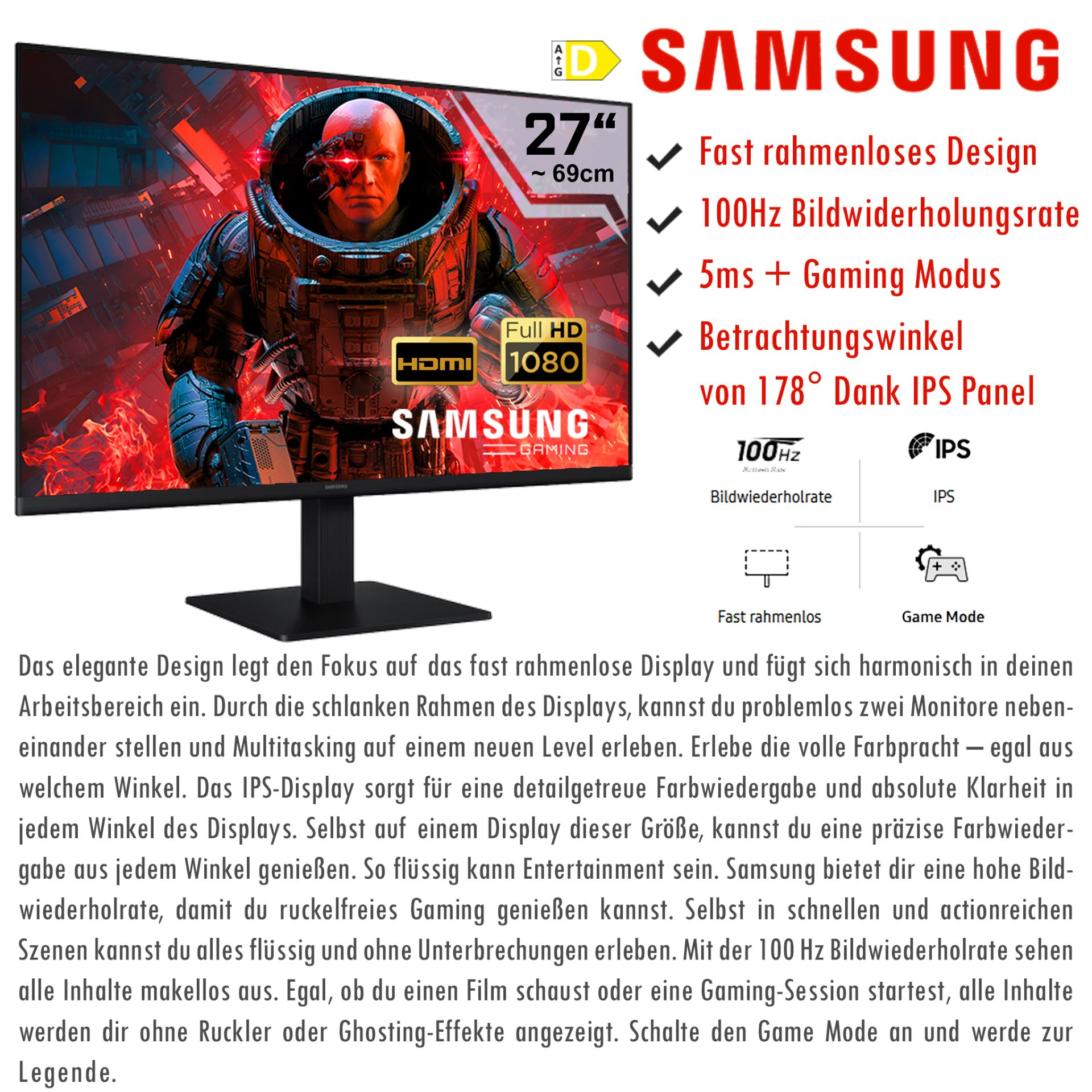 Samsung 27" Full HD Monitor mit Gaming-Features: 100Hz, 5ms, IPS-Panel.