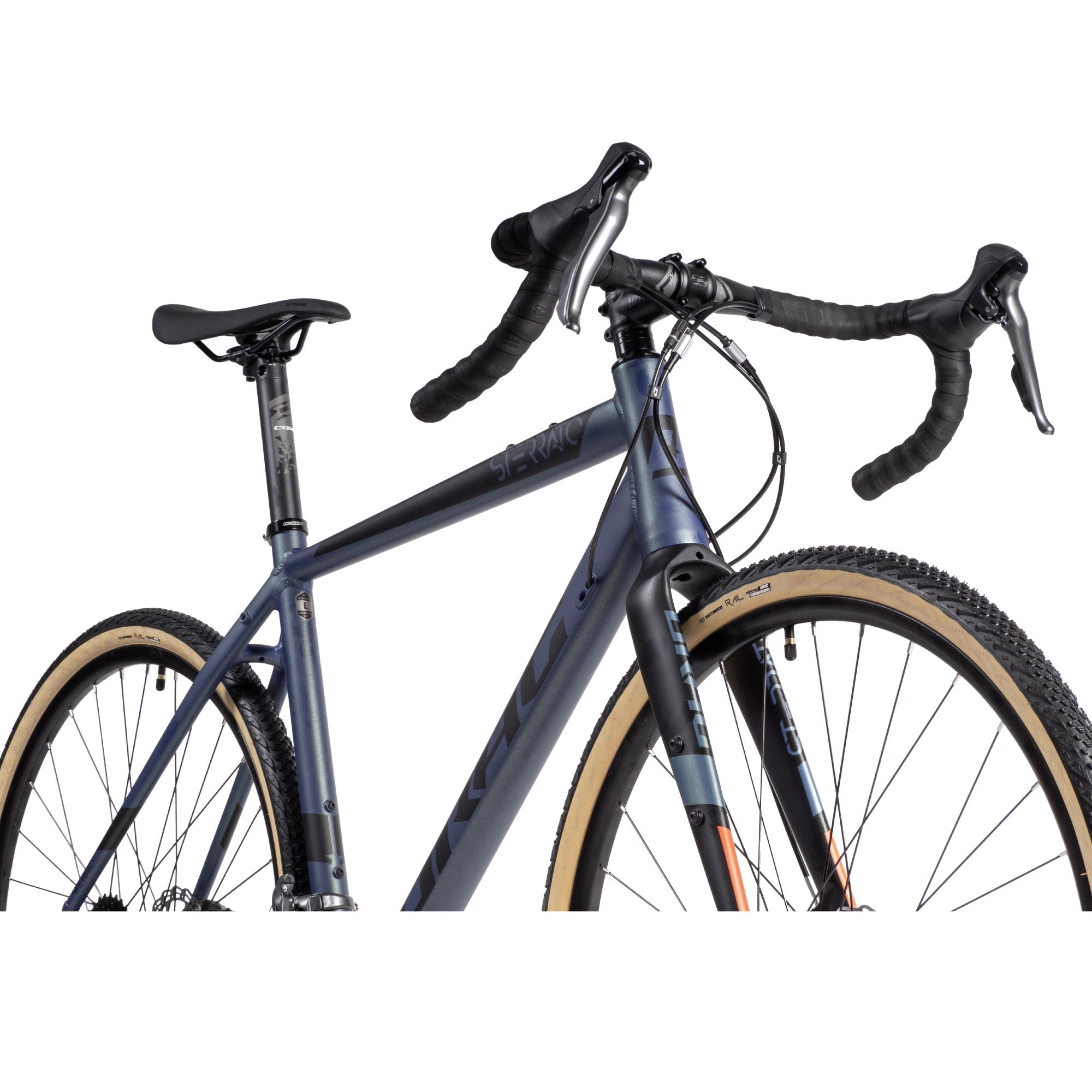 Ein blaues Gravelbike mit schwarzen Lenkern, schwarzem Sattel und braunen Reifen. Der Rahmen hat schwarze Akzente.
