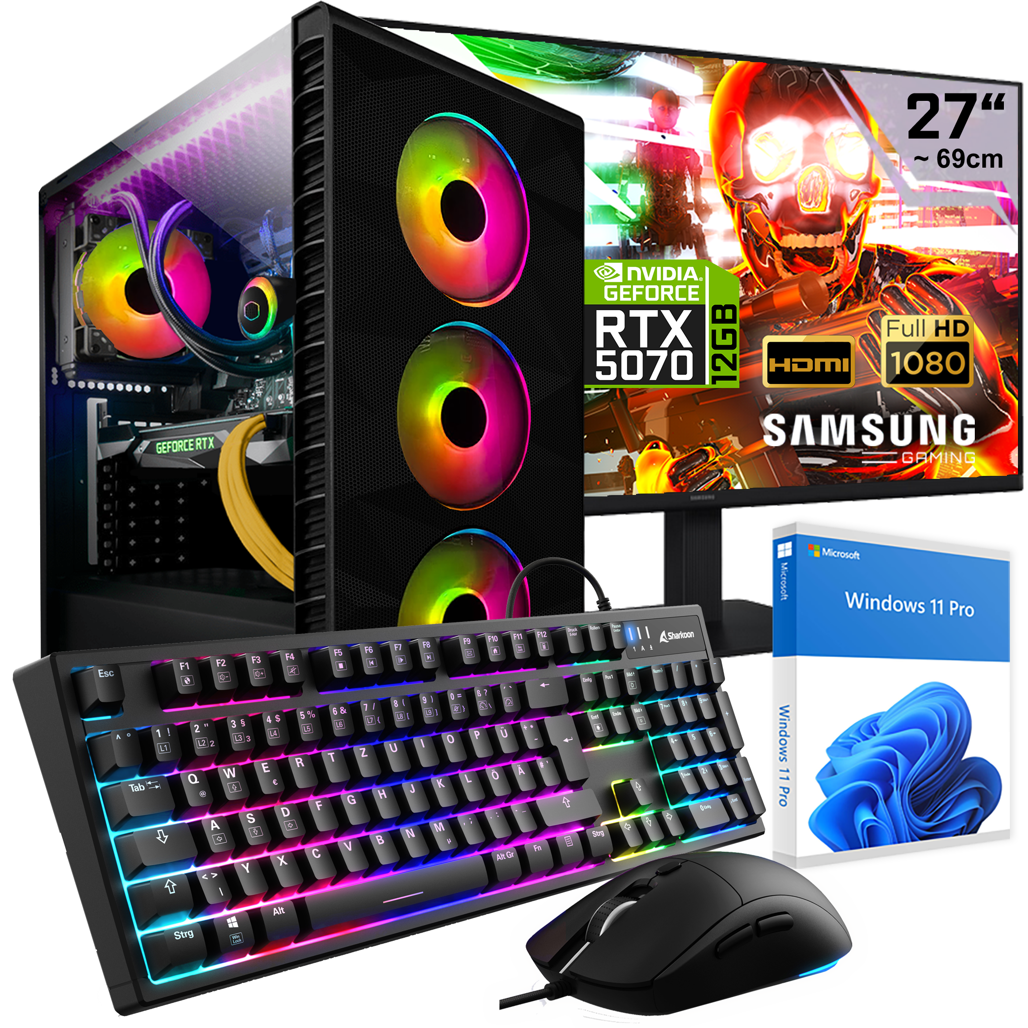 Ein Gaming-PC mit RGB-Lüftern, Tastatur, Maus, Monitor und Windows 11 Pro.
