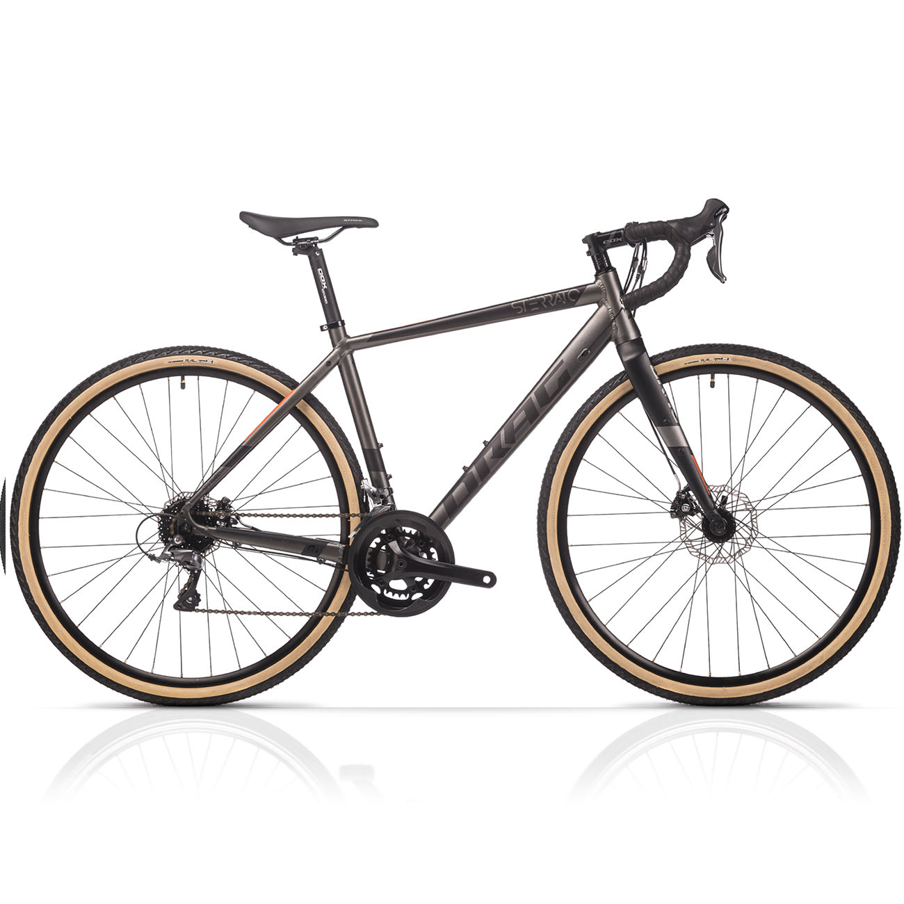 Dunkelgraues Rennrad mit beigen Reifen, schwarzem Sattel und Scheibenbremsen.