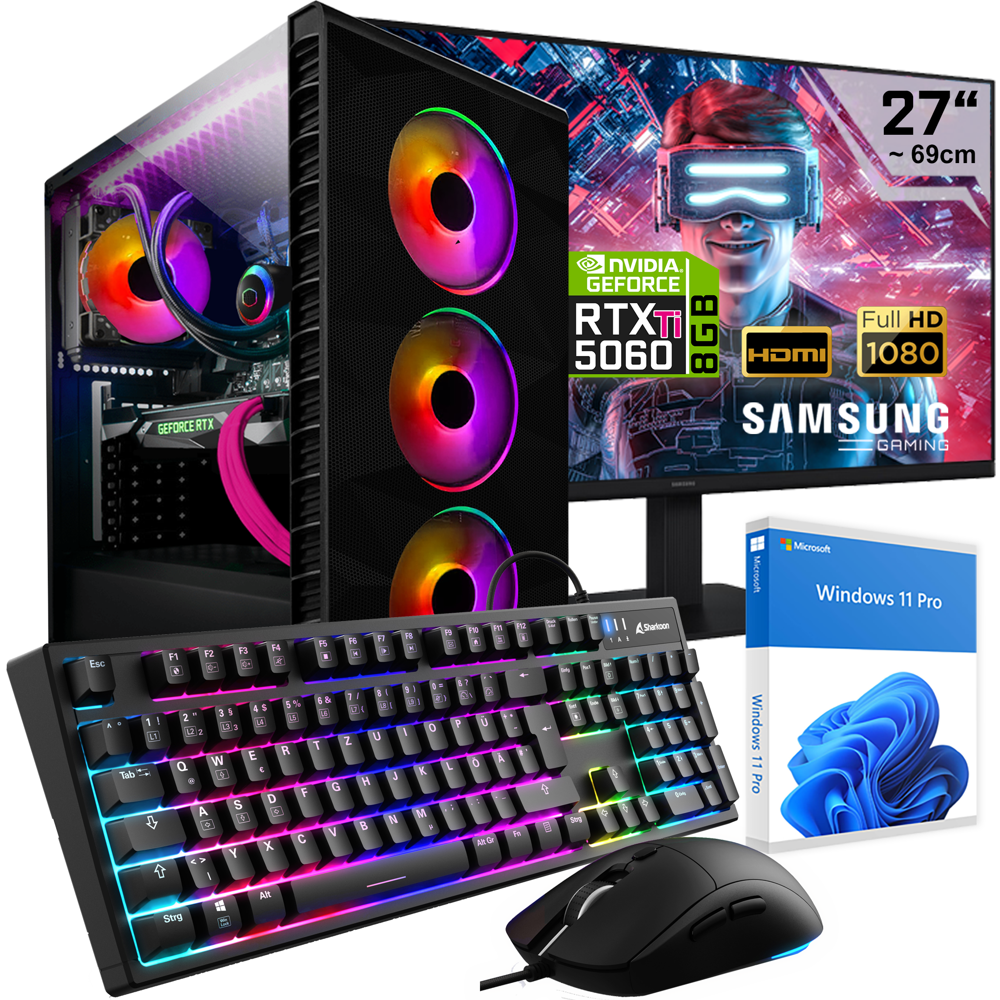 Ein Gaming-PC mit RGB-Lüftern, Tastatur, Maus und Windows 11 Pro-Box.