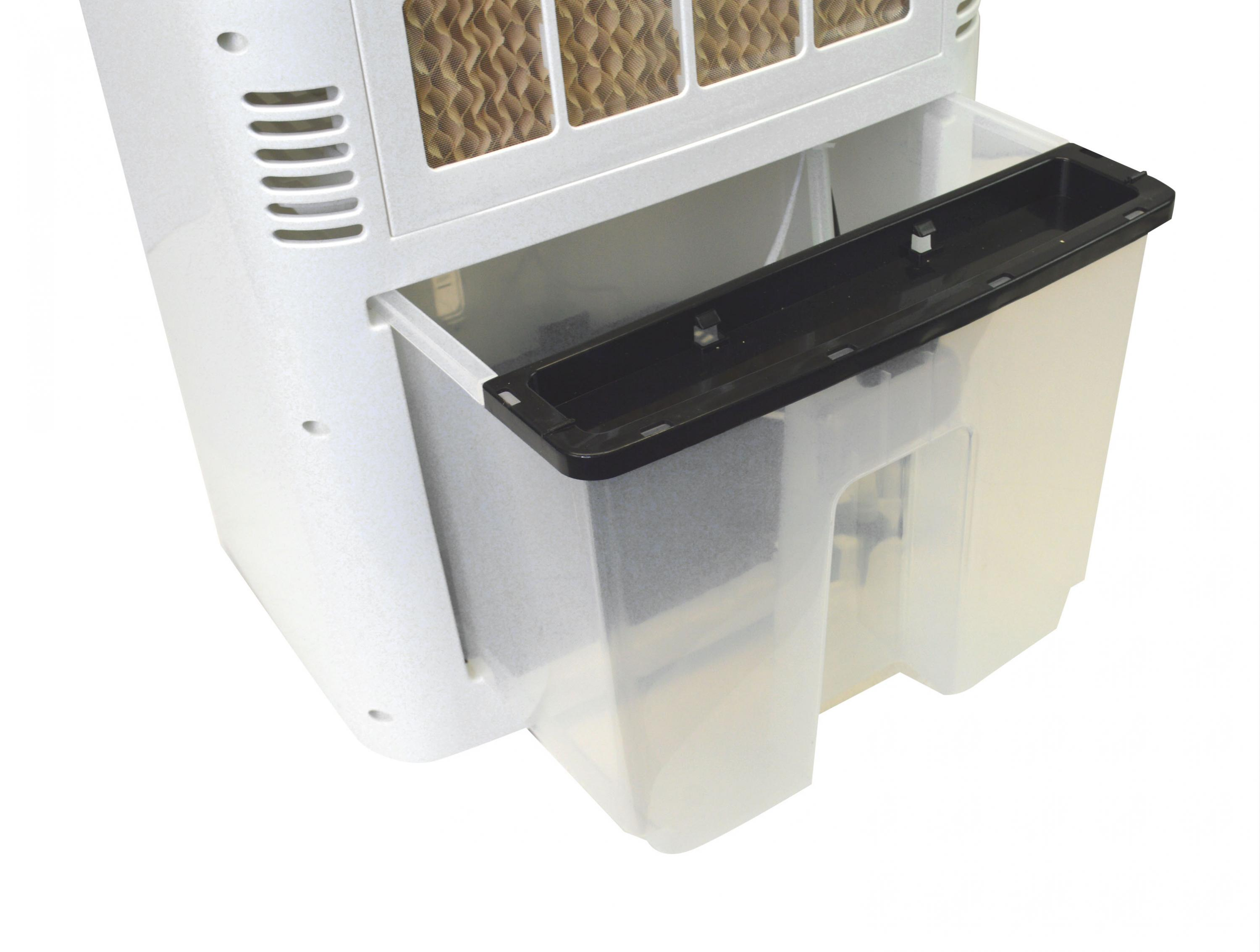 Enfriador blanco con almohadillas de refrigeración de panal y depósito de agua transparente.