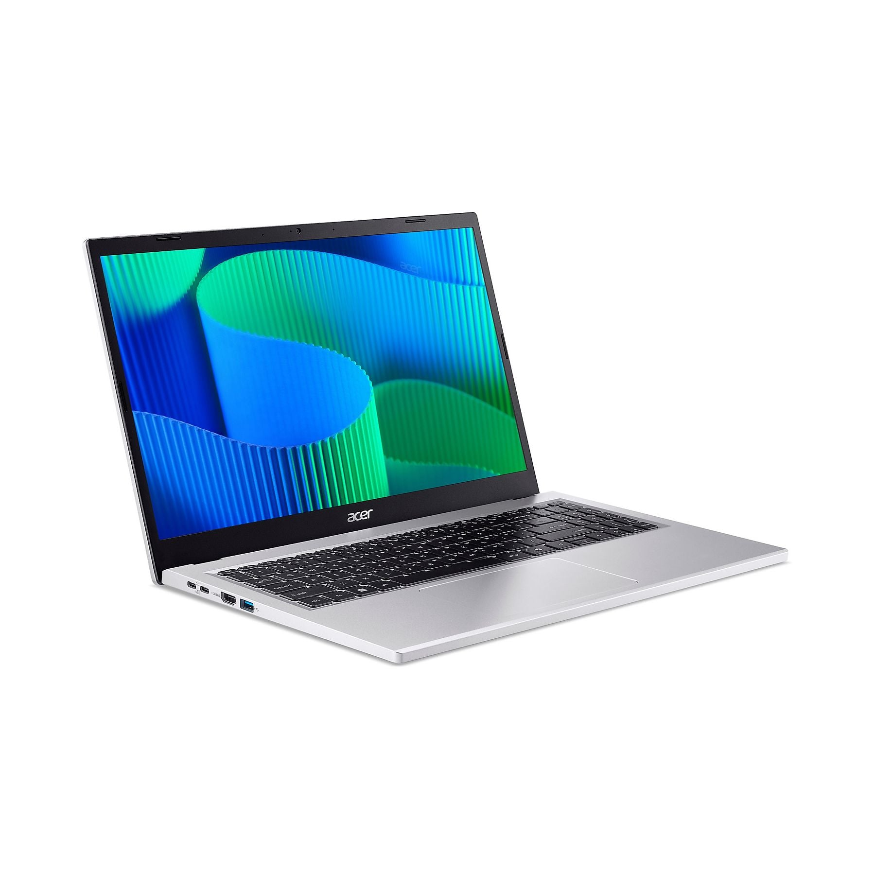 Un laptop Acer argentato aperto mostra uno sfondo blu e verde sullo schermo.