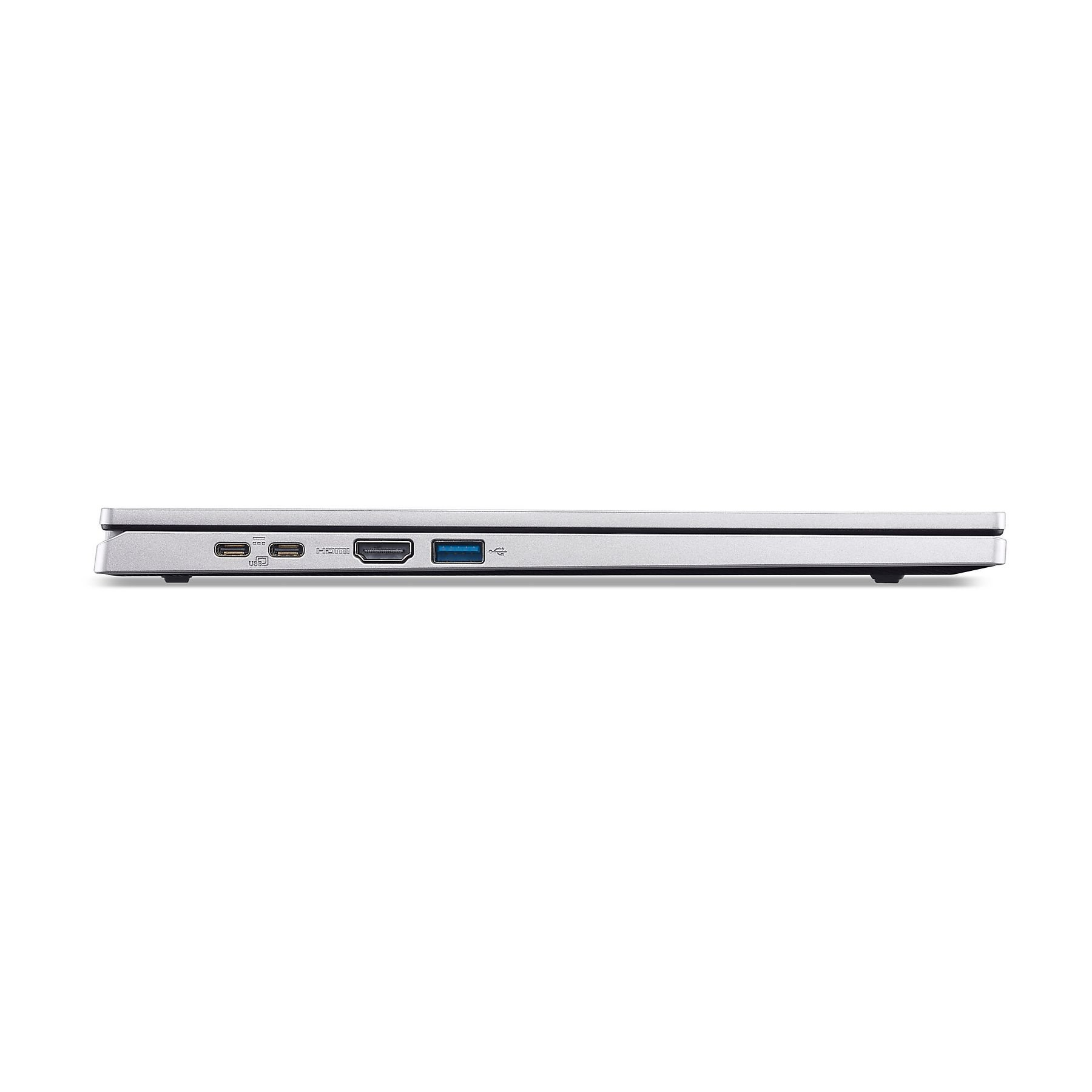 Laptop argentato, vista laterale con porte USB-C, HDMI e USB-A.