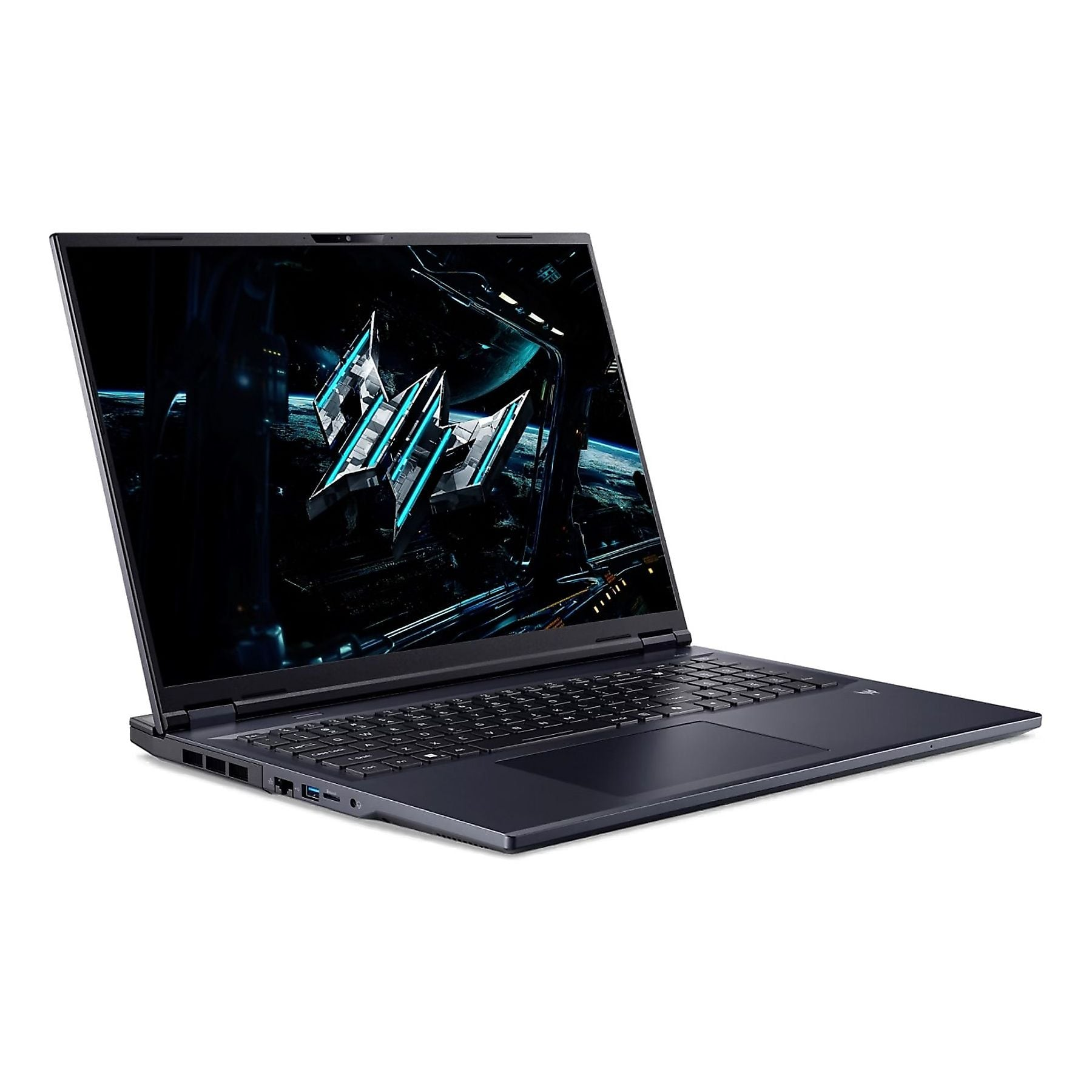Laptop grigio scuro con logo luminoso sullo schermo.