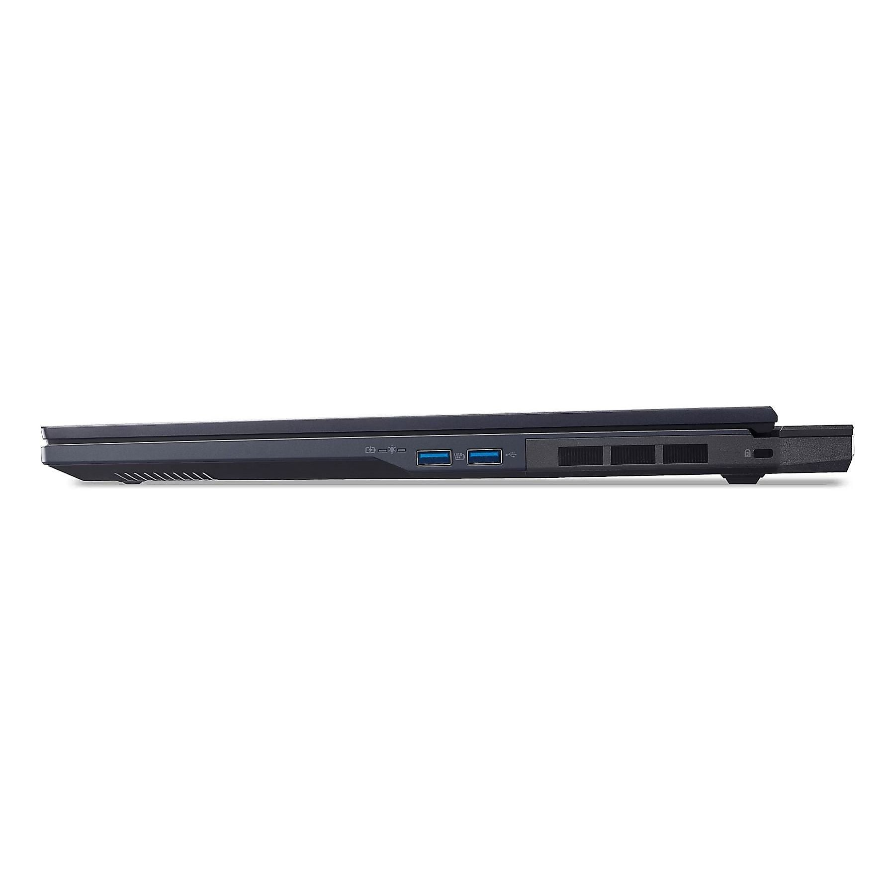 Il lato sinistro di un laptop nero, con porte USB e fessure di ventilazione.