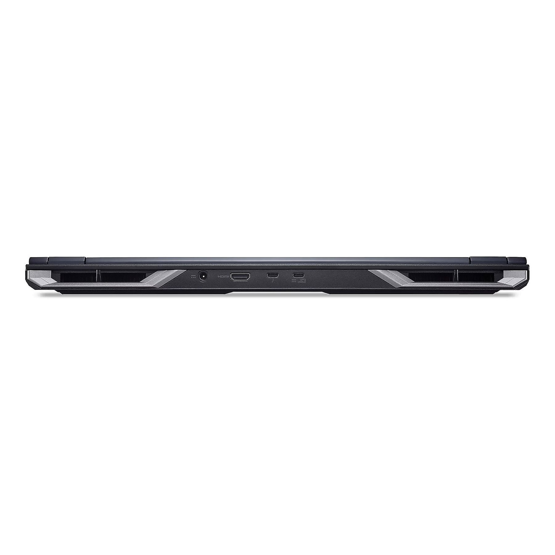 Il fondo di un laptop nero che mostra le porte: alimentazione, HDMI, USB-C.