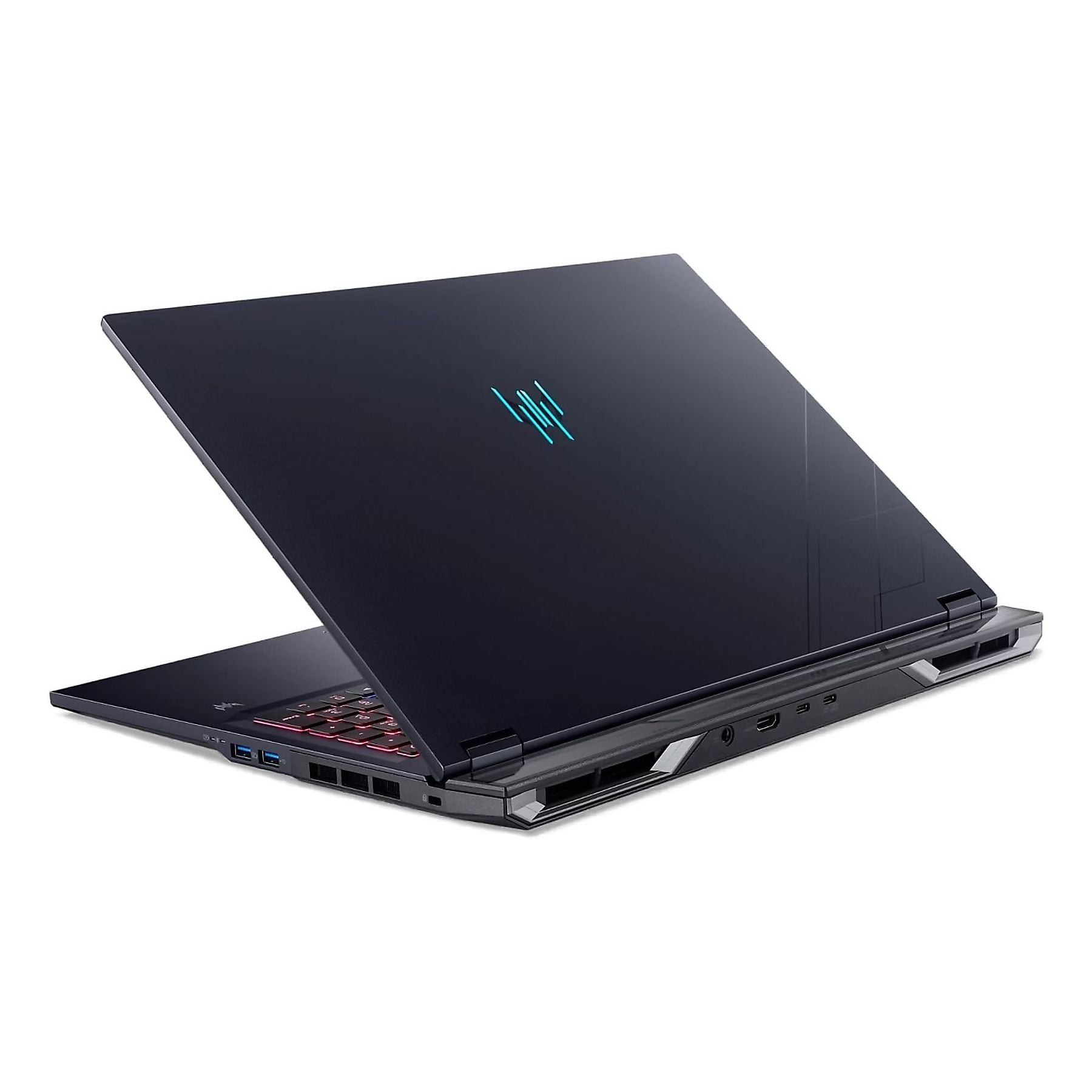 Un laptop scuro con tastiera retroilluminata e logo blu sul coperchio.