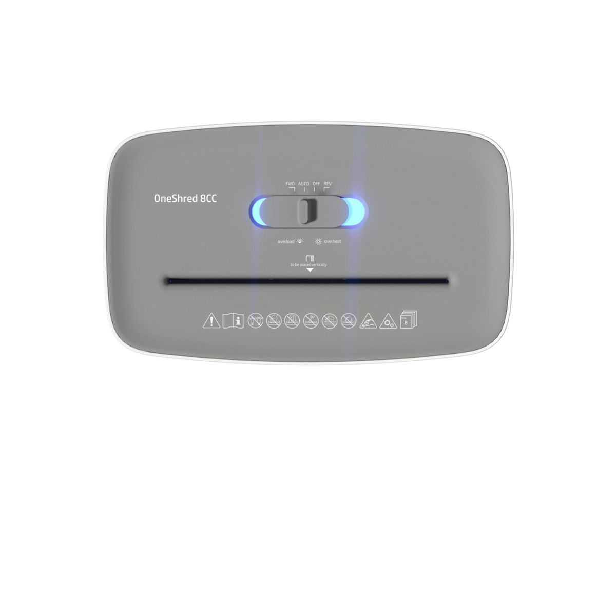 Szara niszczarka do papieru OneShred 8CC z kontrolkami i ikonami.