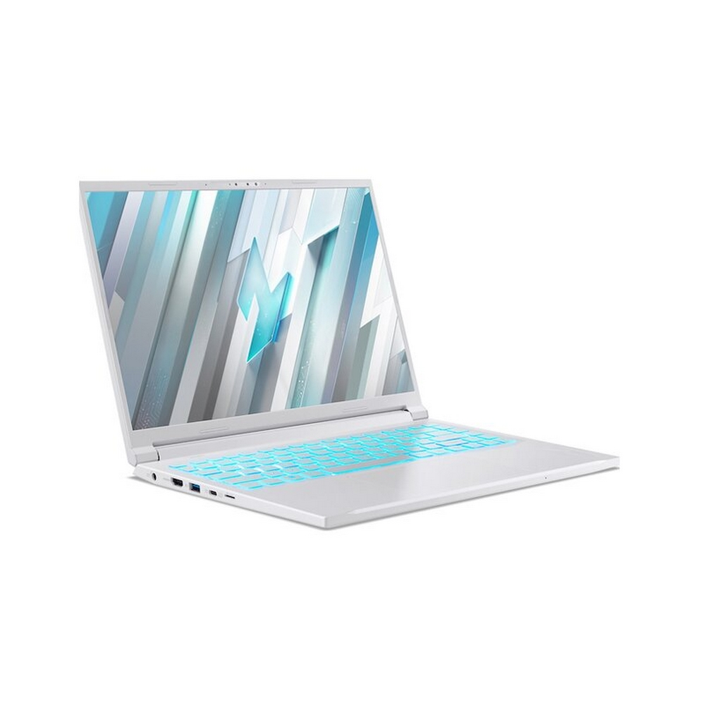 Un laptop bianco con tastiera blu luminosa e grafica astratta sullo schermo.