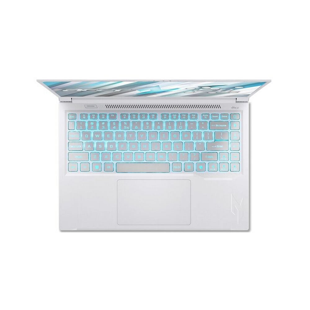 Un laptop bianco con tasti blu illuminati e un motivo geometrico sullo schermo.