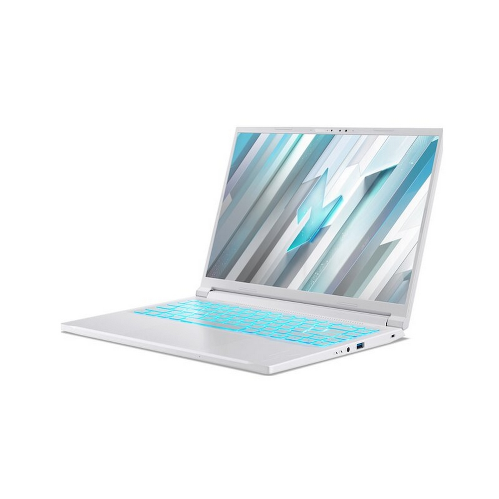 Un laptop bianco con tastiera retroilluminata blu e sfondo moderno.