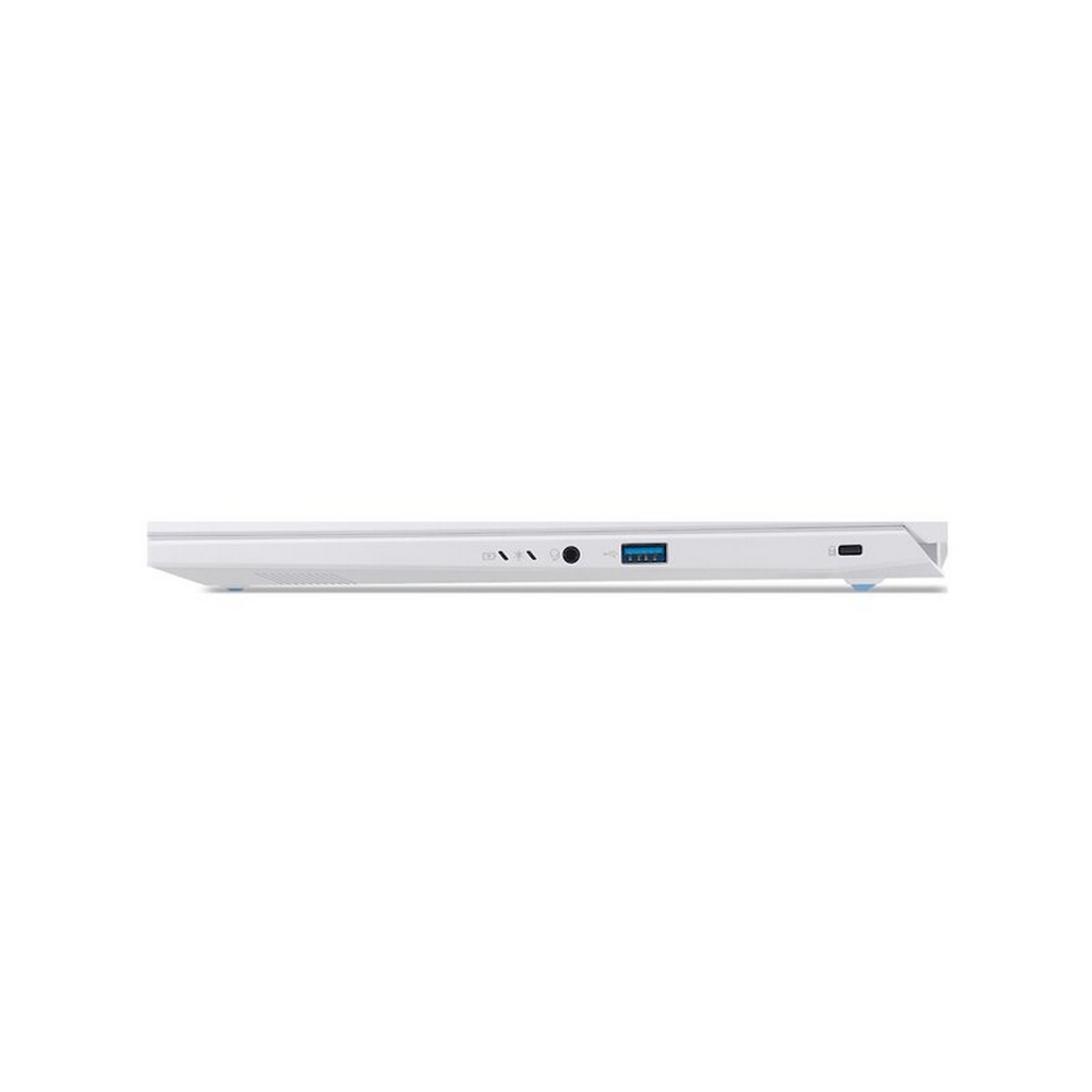 Lato del laptop bianco con porte: USB, audio, porta di ricarica.