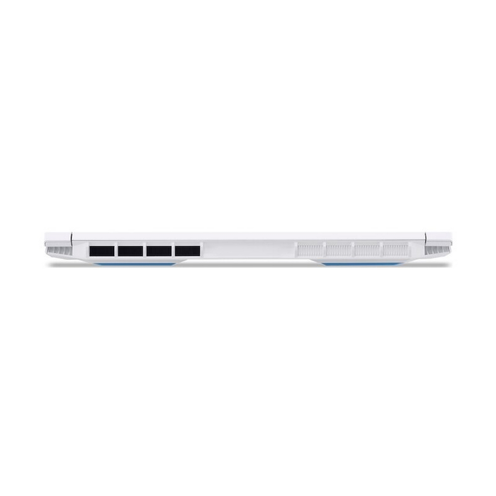 Lato del laptop bianco con prese d'aria e porte blu.