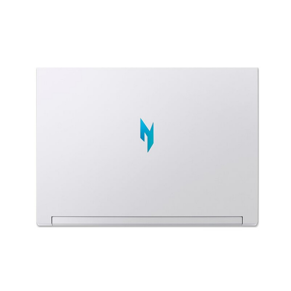 Un laptop bianco con logo blu in alto.