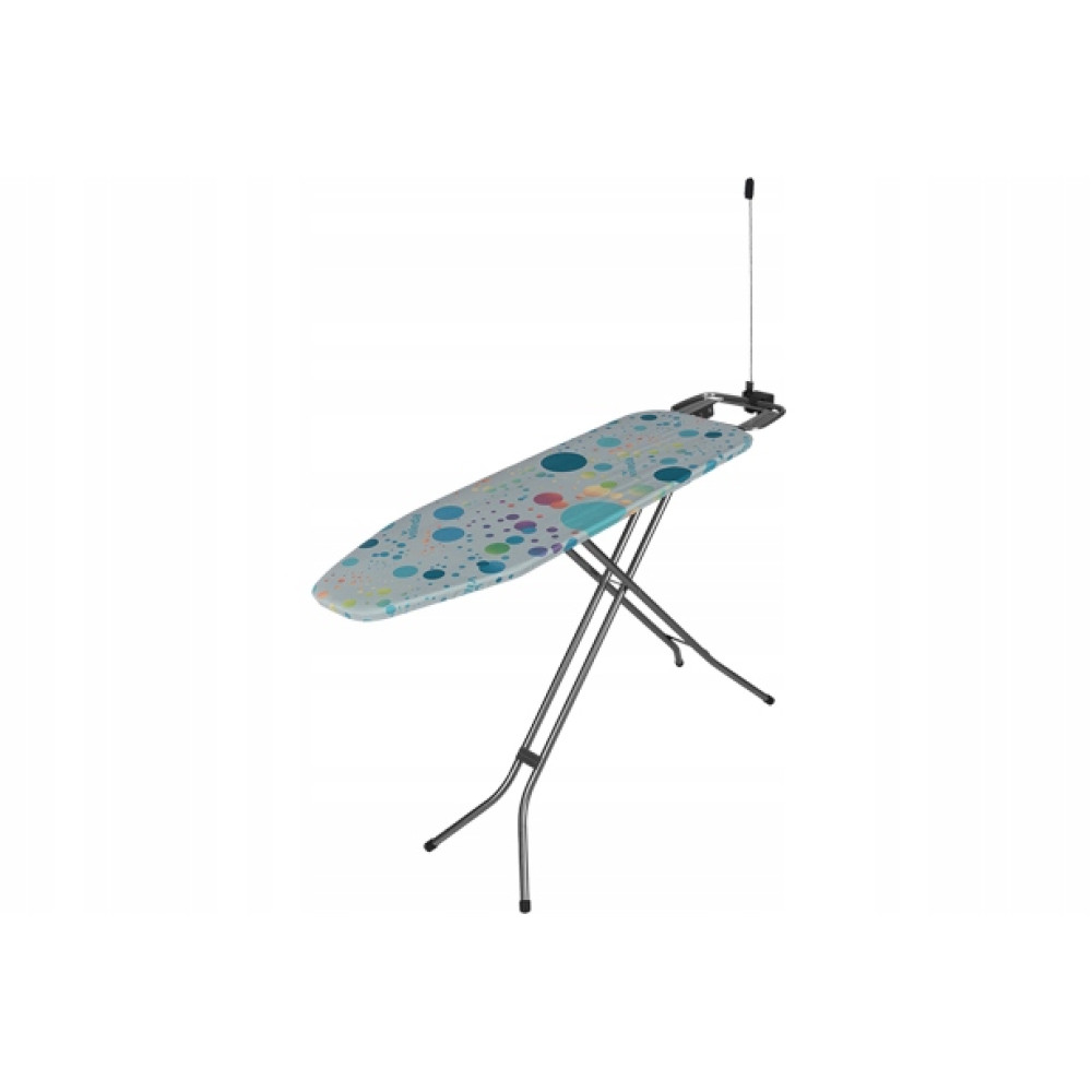 Deska do prasowania z kolorowym wzorem w kropki na białym tle.