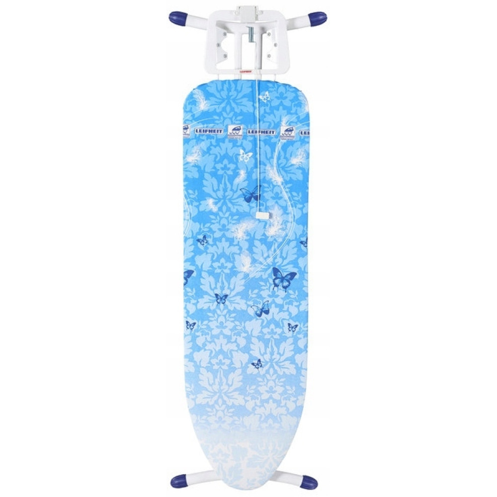 Niebieska deska do prasowania ze wzorem motyli i białym stelażem.
