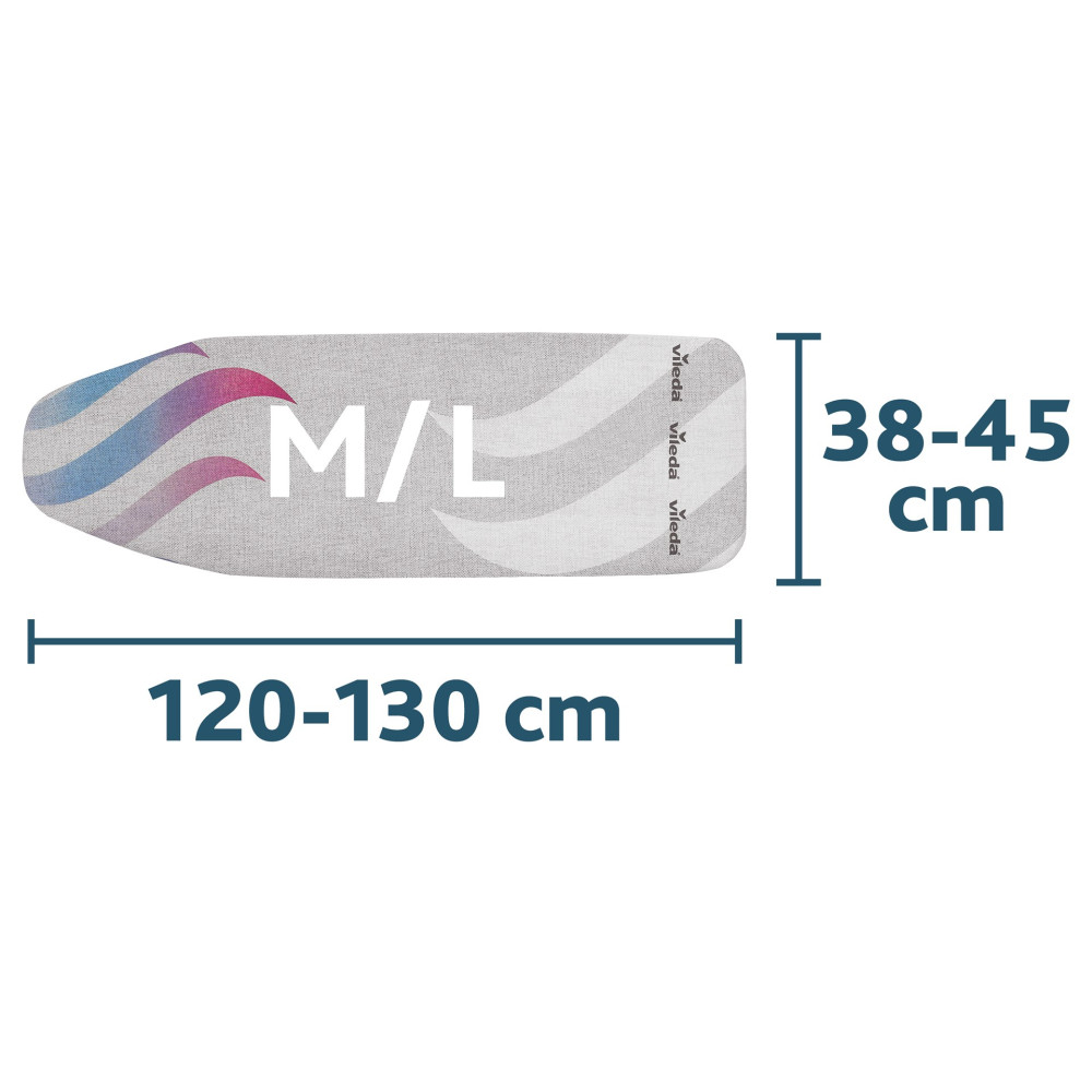 Bügeltischbezug M/L mit Maßen 120-130 cm und 38-45 cm.