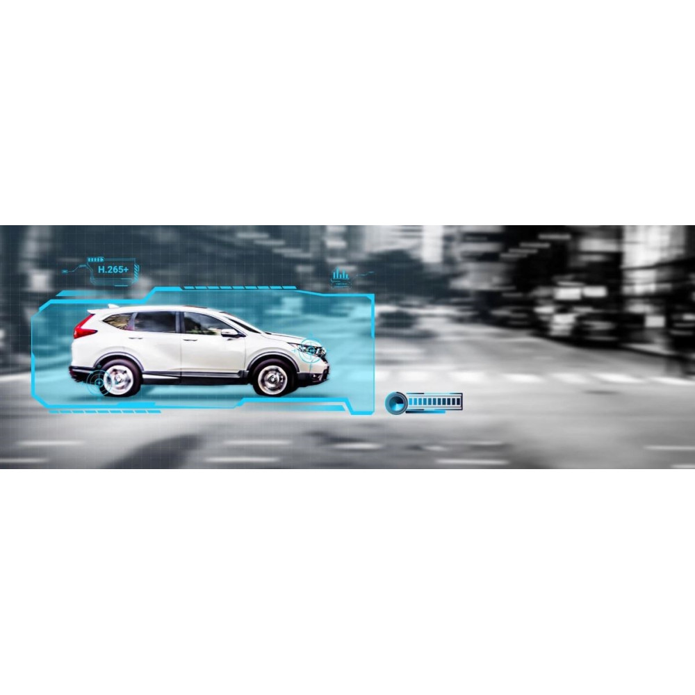 Biały SUV jest wyświetlany na rozmytym ulicy miasta z cyfrowymi nakładkami.