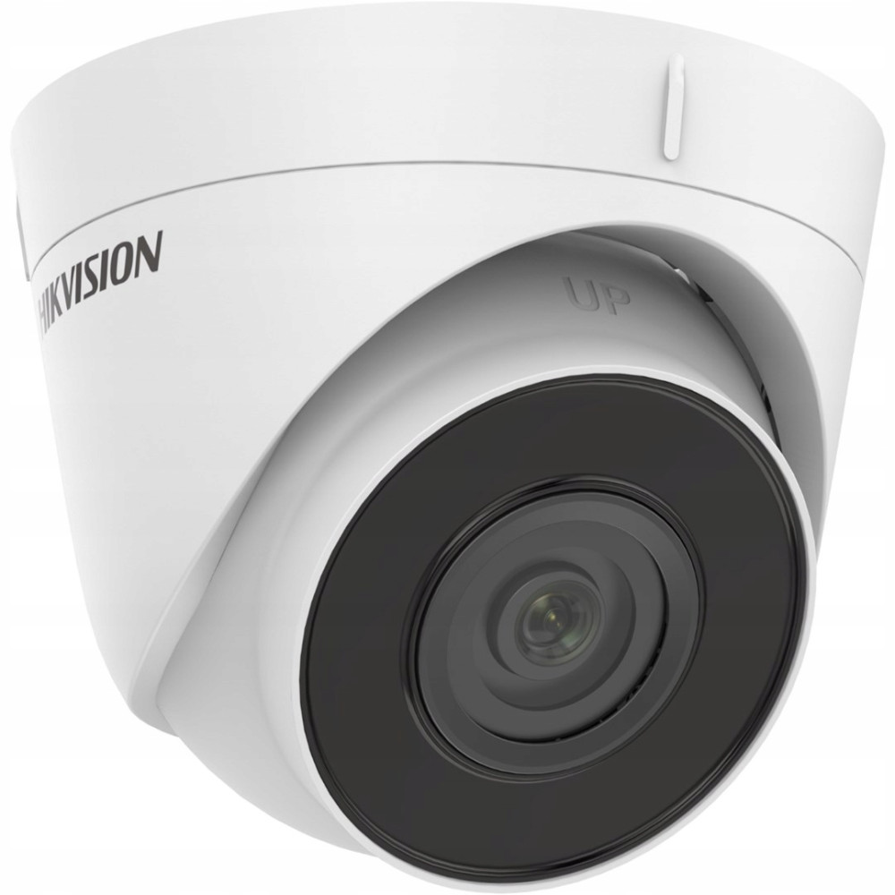Biała kamera Hikvision z czarnym obiektywem i oznaczeniem "UP".