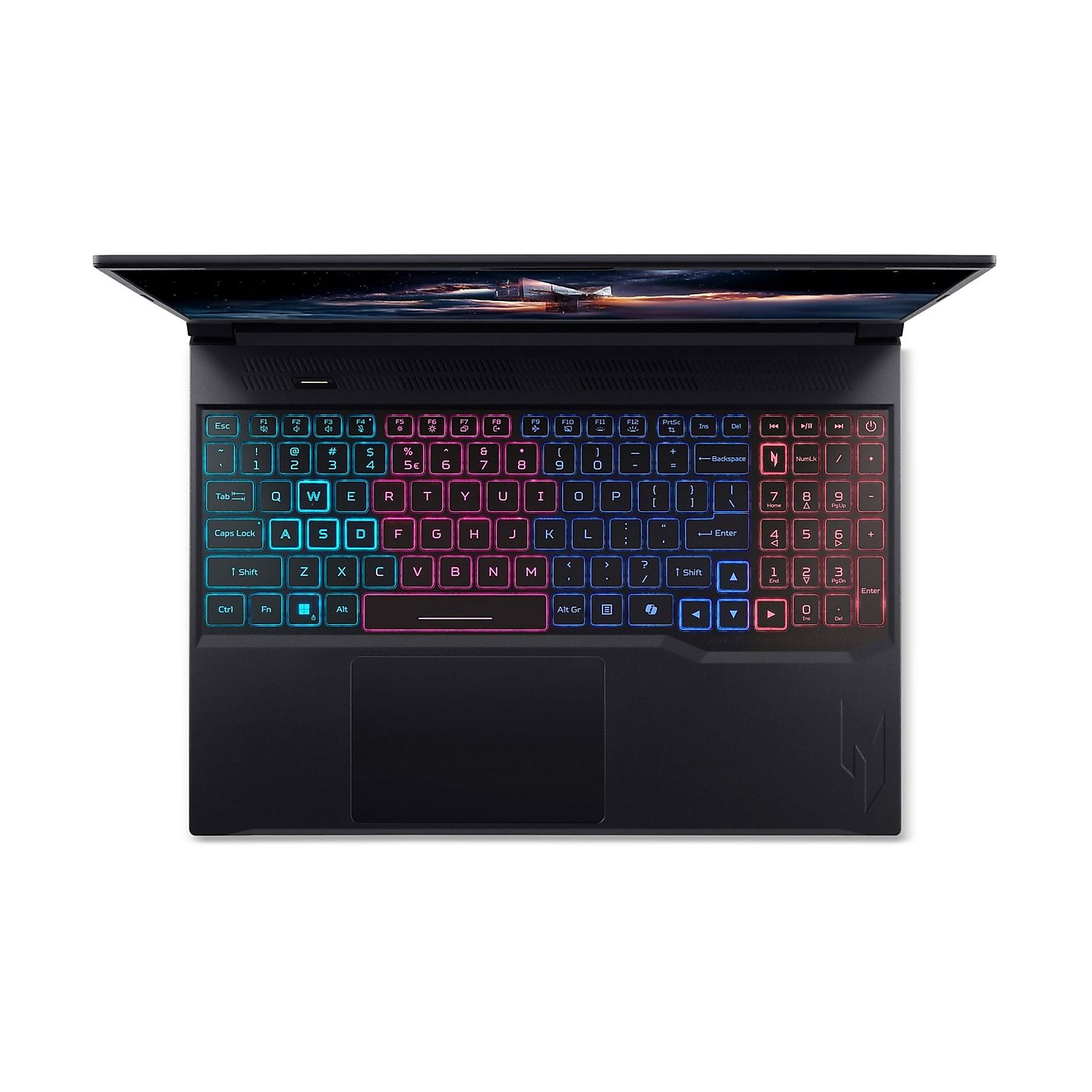 Un laptop nero aperto con tastiera retroilluminata e schermo a tema spaziale.