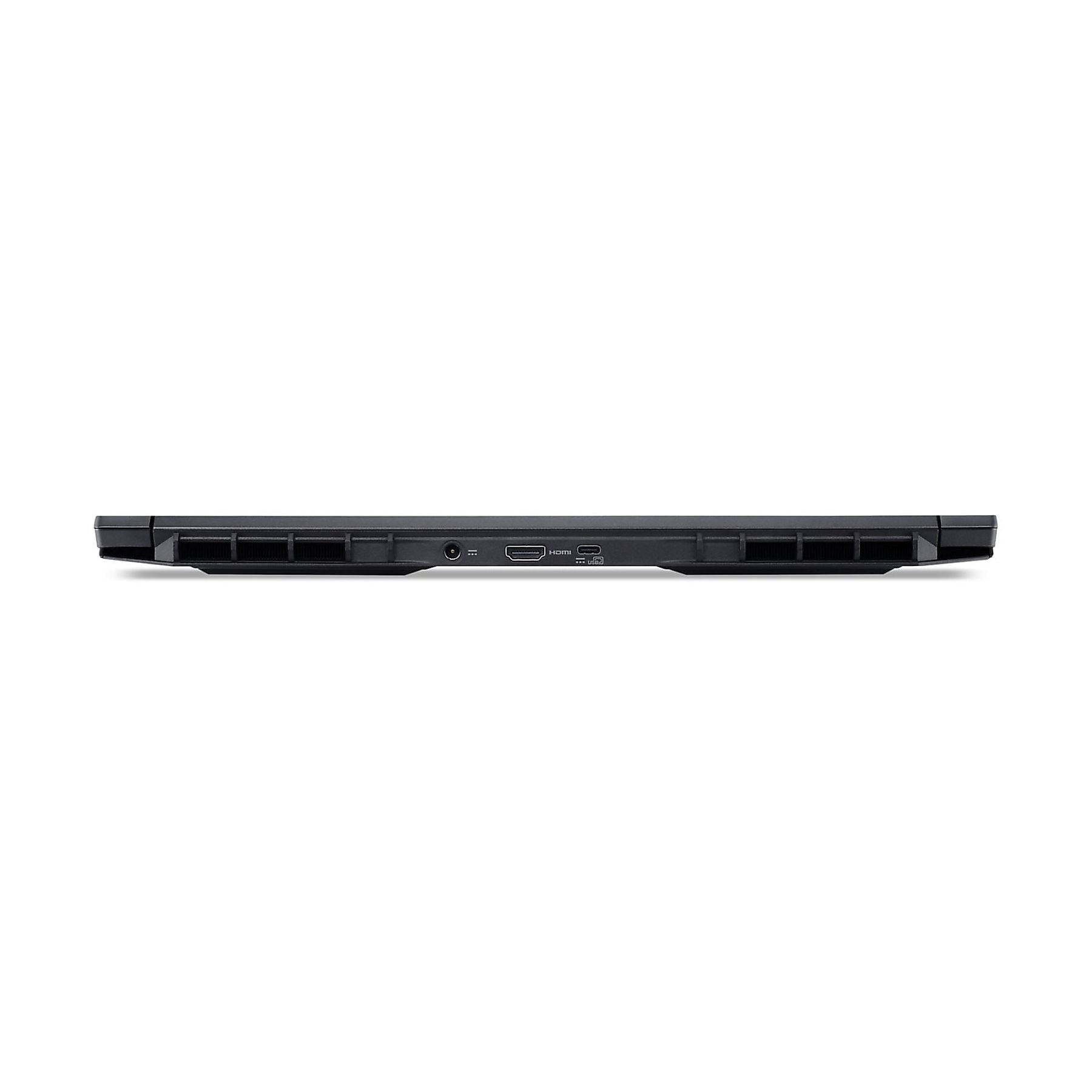 Vista laterale laptop nero con porte: jack audio, HDMI, USB.
