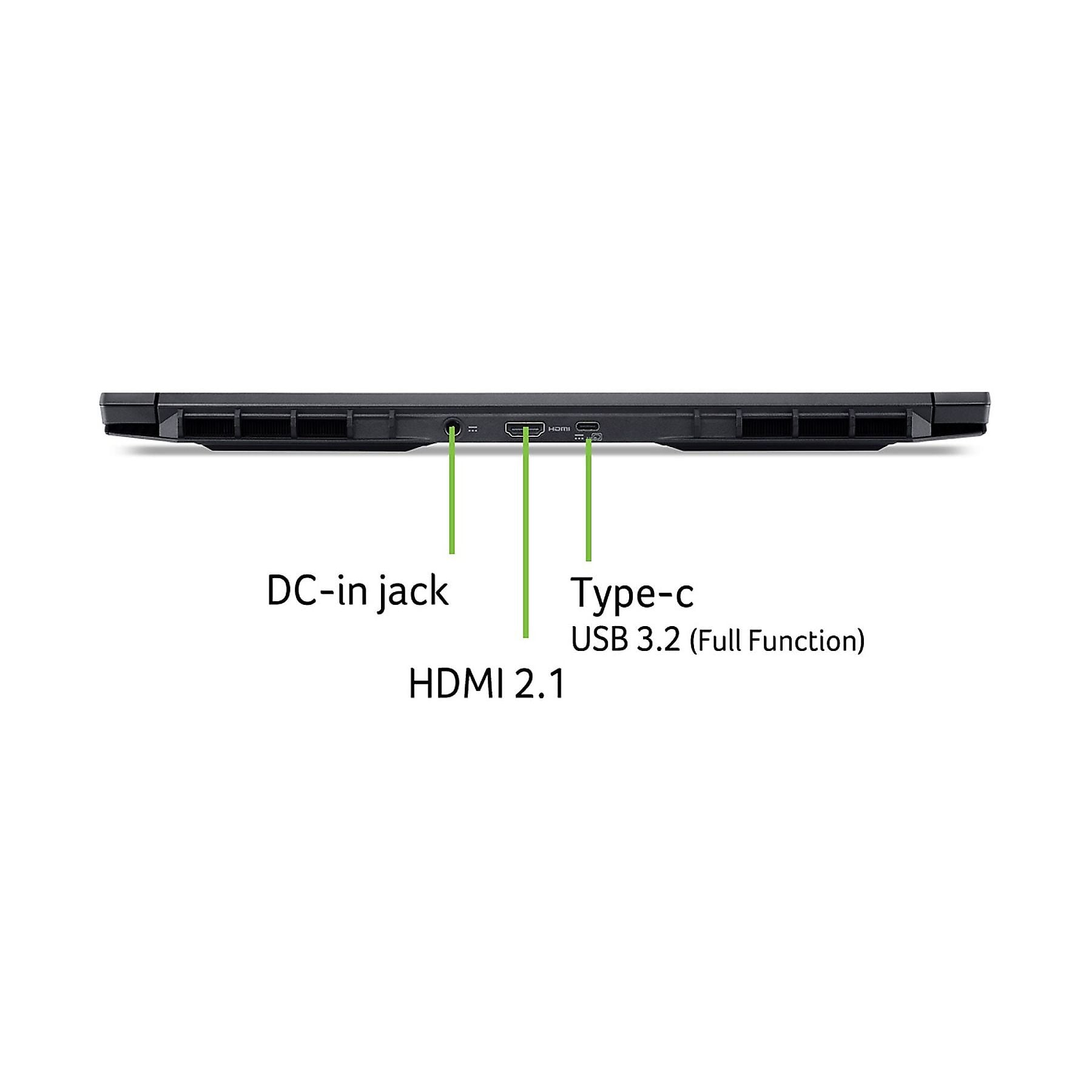 Vista laterale laptop con jack DC-in, HDMI 2.1 e USB-C.