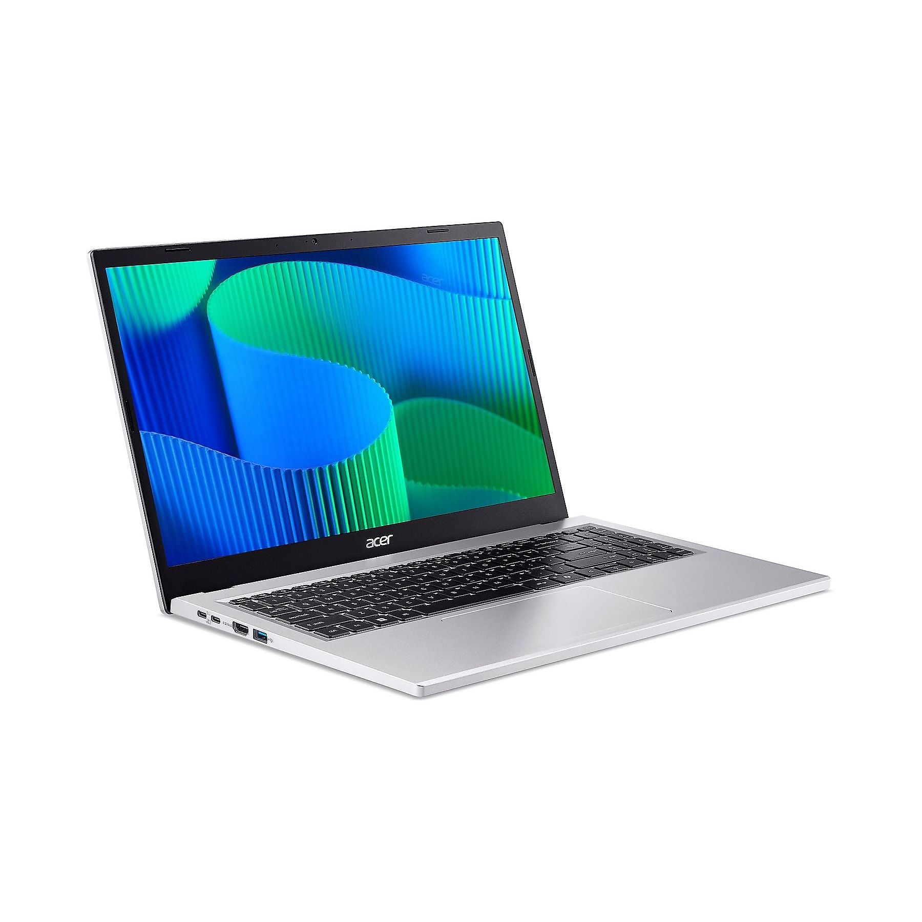 Un laptop Acer argentato con uno sfondo ondulato blu e verde.